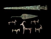 A Group of 7 Luristan Bronze Objects Including Animal Figures and Spearheads