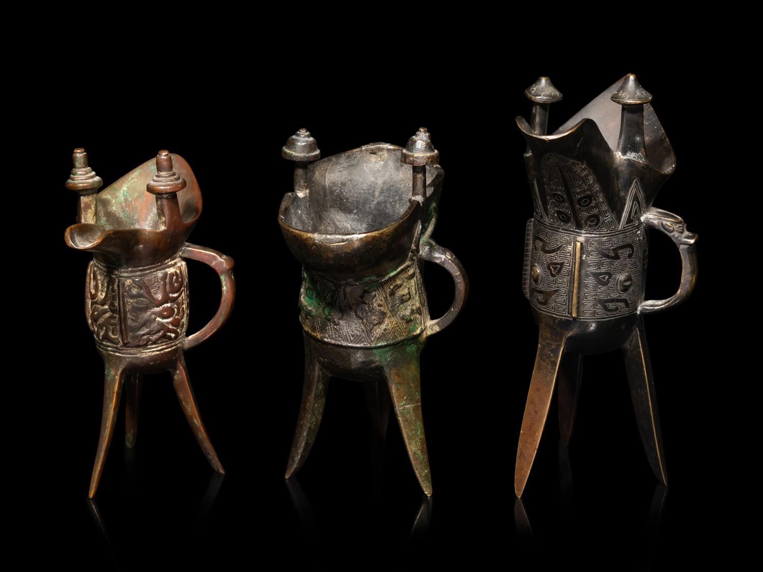 Three Chinese Archaistic Bronze Jue Drinking Cups
