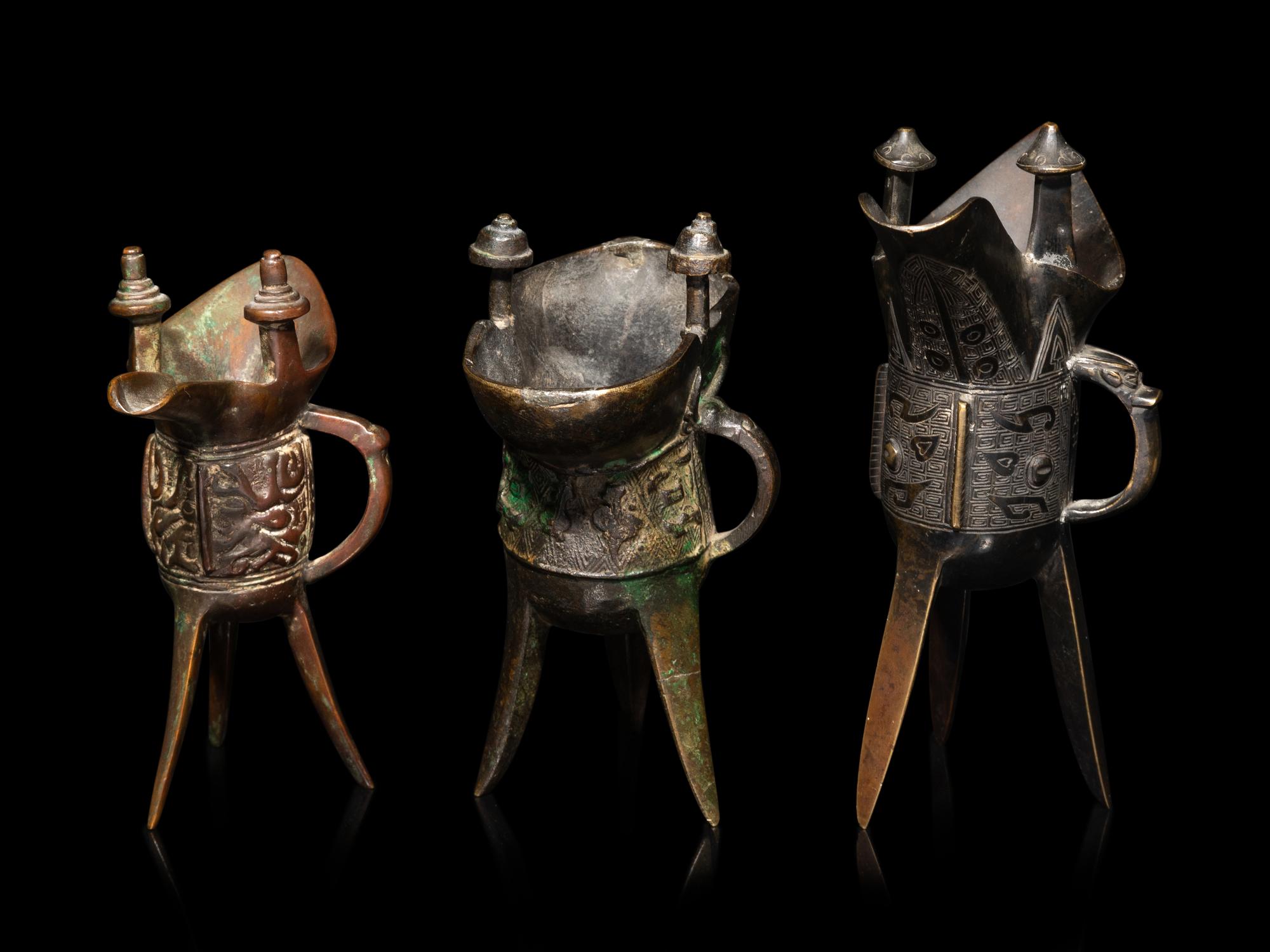 Three Chinese Archaistic Bronze Jue Drinking Cups