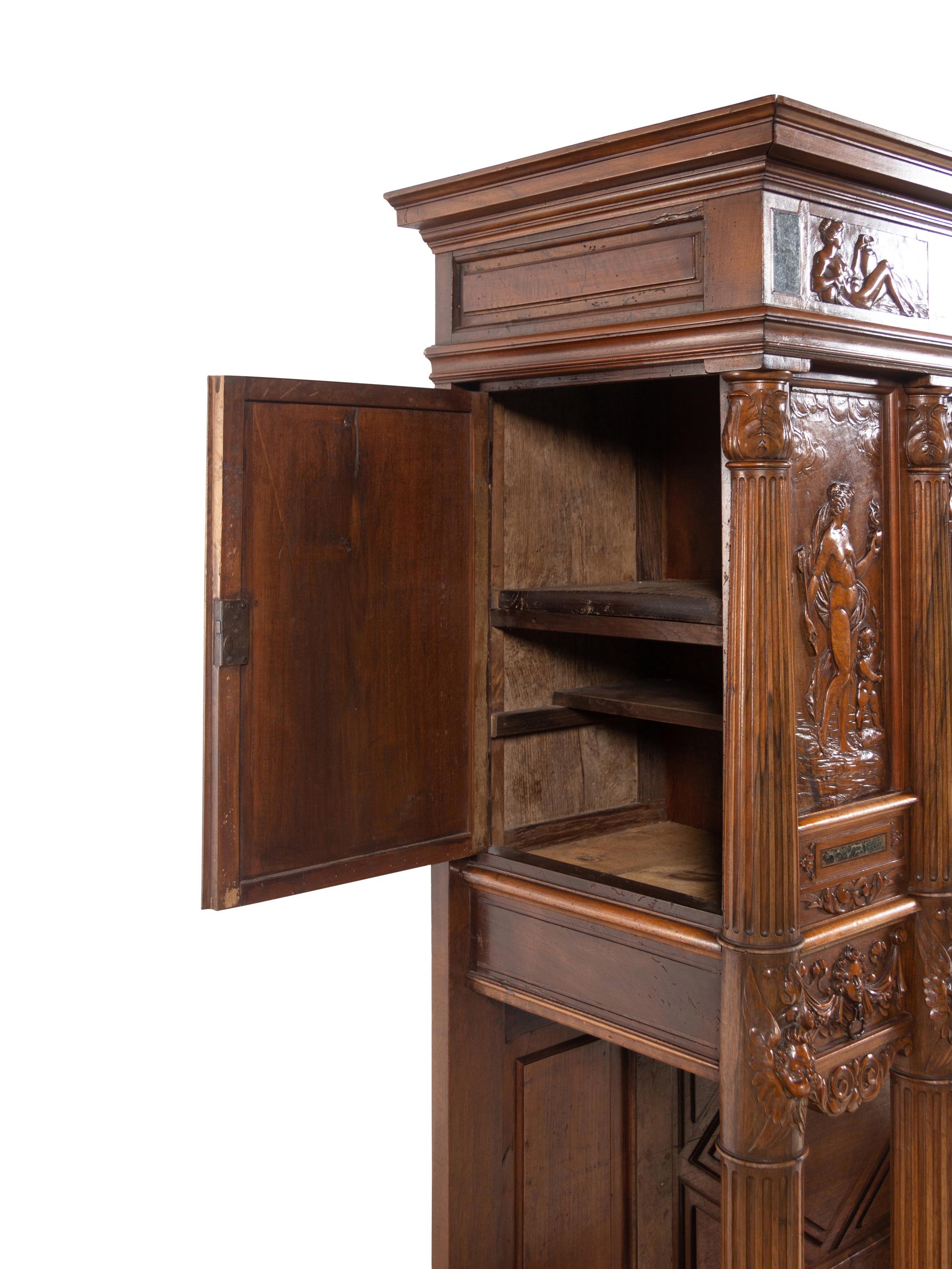 A French Renaissance Revival Carved Walnut and Marble-Inset Court Cupboard