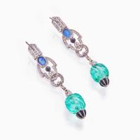 Art Deco Black Onyx, Emerald, Sapphire, and Diamond Earrings