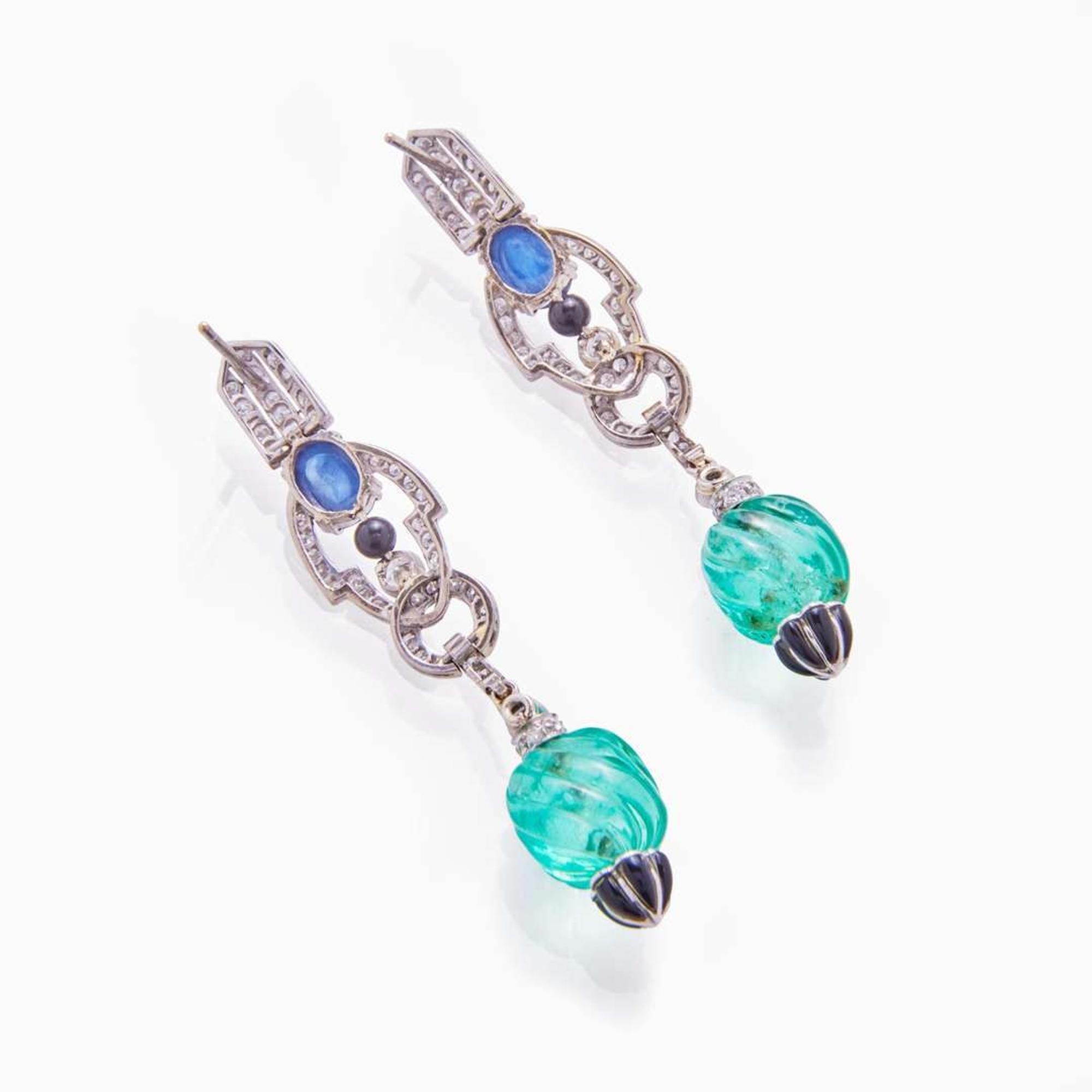 Art Deco Black Onyx, Emerald, Sapphire, and Diamond Earrings