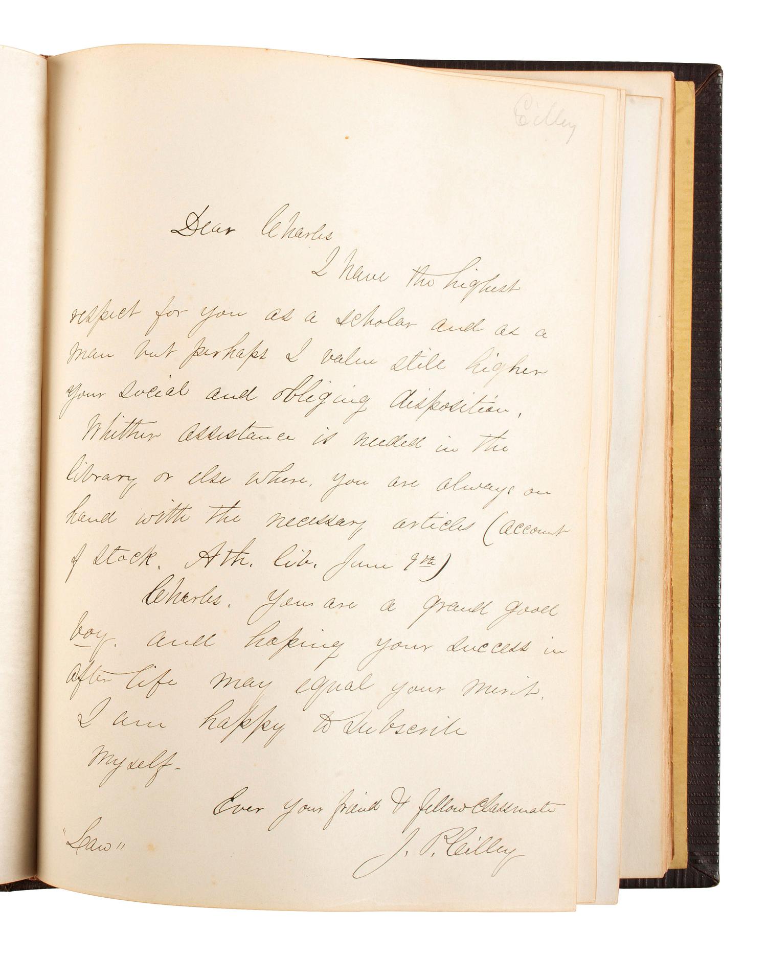 [CHAMBERLAIN, Joshua Lawrence (1828-1914)]. 1858 Bowdoin College yearbook with signatures and photographs of Joseph S. CHAMBERLAIN, Alpheus S. PACKARD, and others. [ With :] Bowdoin in the War. SIGNED by Chamberlain.