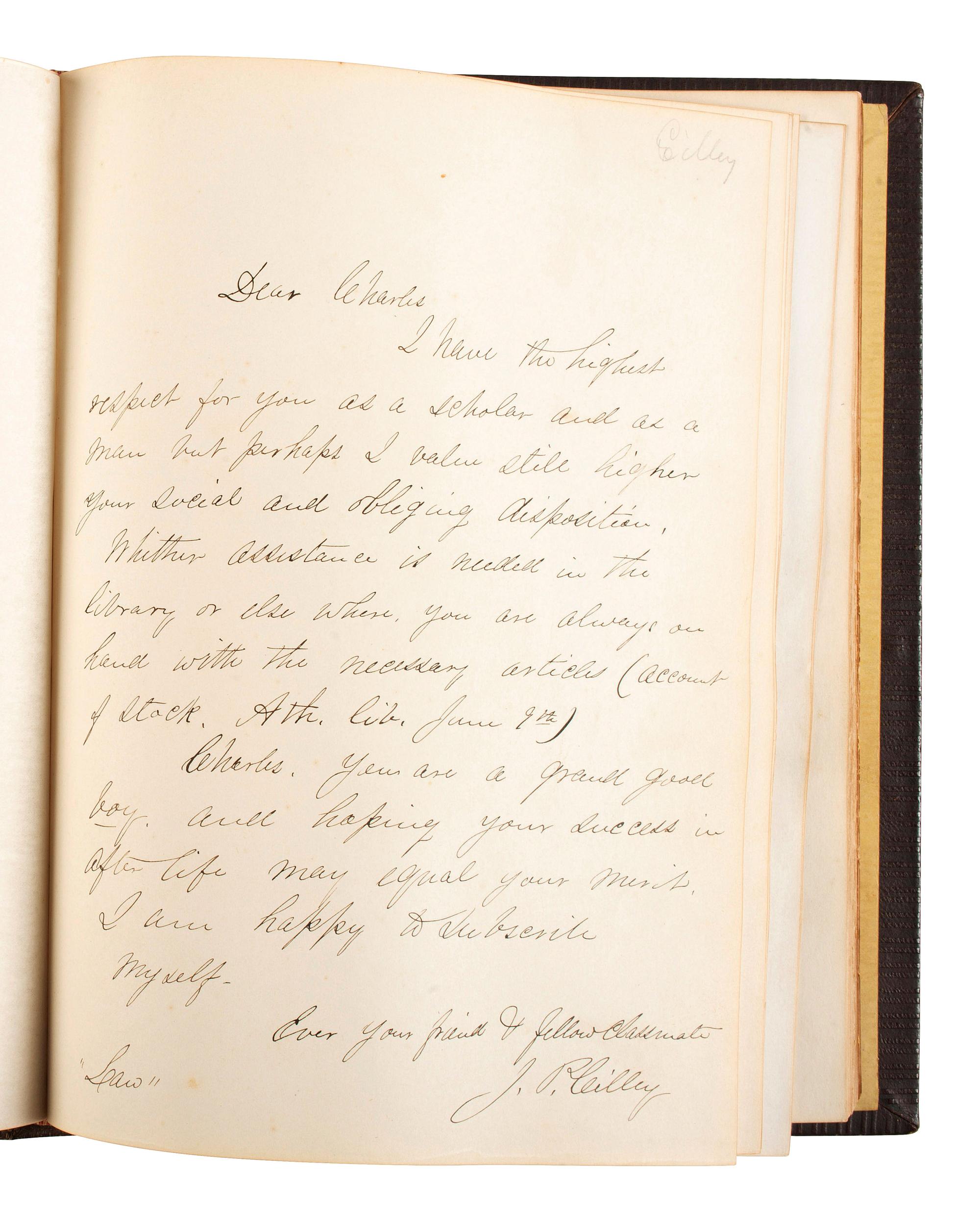 [CHAMBERLAIN, Joshua Lawrence (1828-1914)]. 1858 Bowdoin College yearbook with signatures and photographs of Joseph S. CHAMBERLAIN, Alpheus S. PACKARD, and others. [ With :] Bowdoin in the War. SIGNED by Chamberlain.