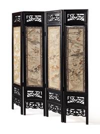 A Chinese Kesi Textile Inset Four-Panel Floor Screen, 19th Century 清晚期 紅木鑲緙絲人物故事圖四扇屏