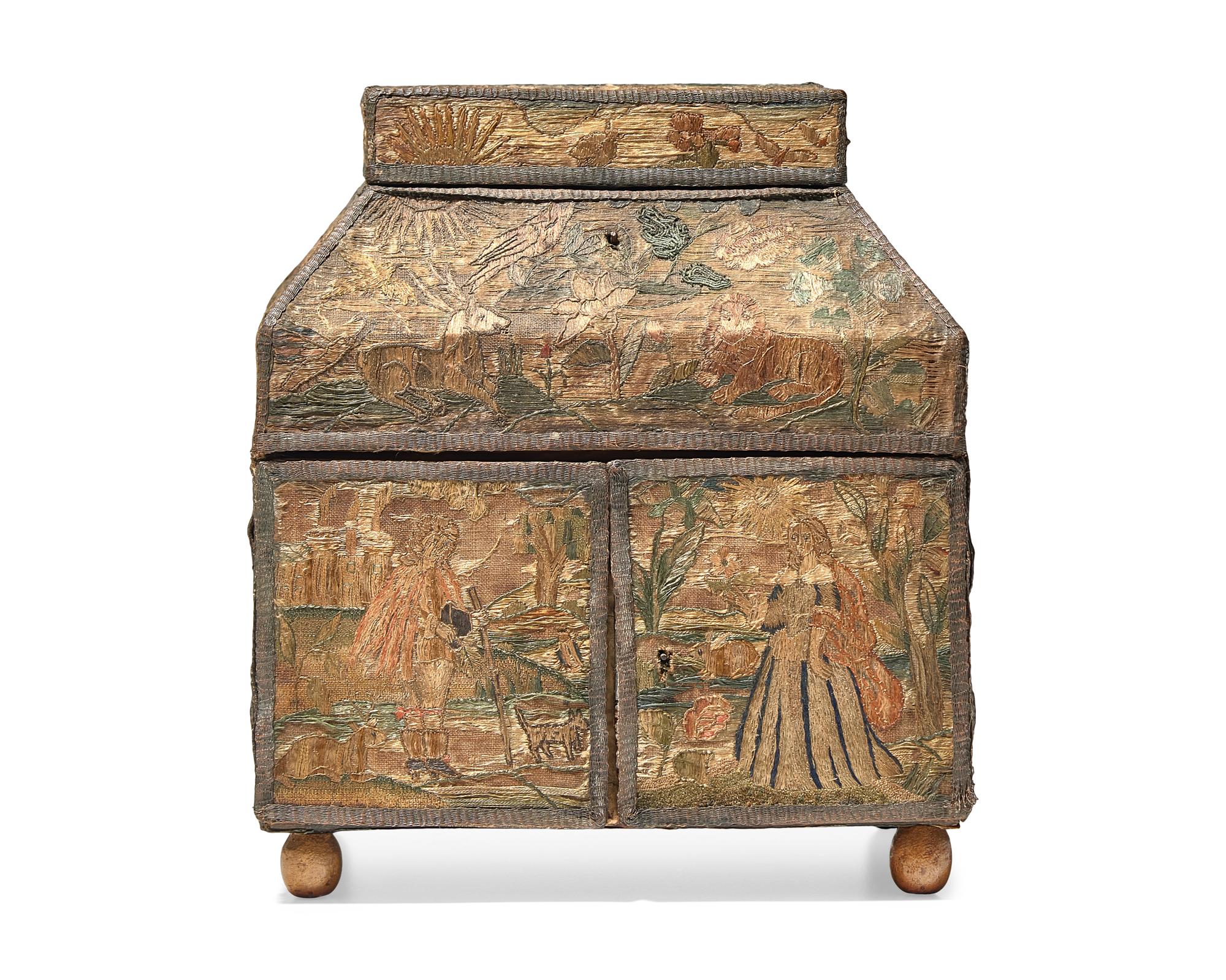 A Charles II Embroidered Tabletop Sewing Casket, 17th Century