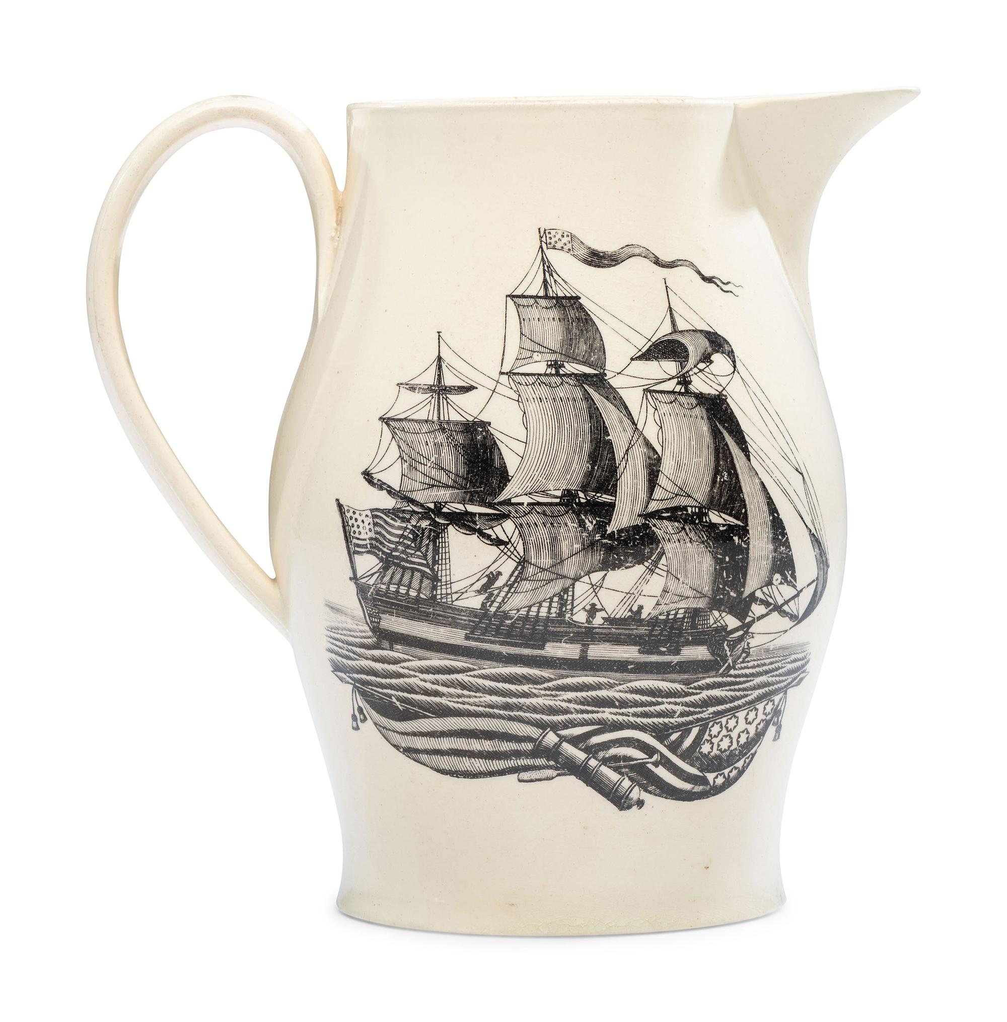A Scarce Staffordshire Transfer-Printed Creamware 'Washington Crowned with Laurels by Liberty' Pitcher