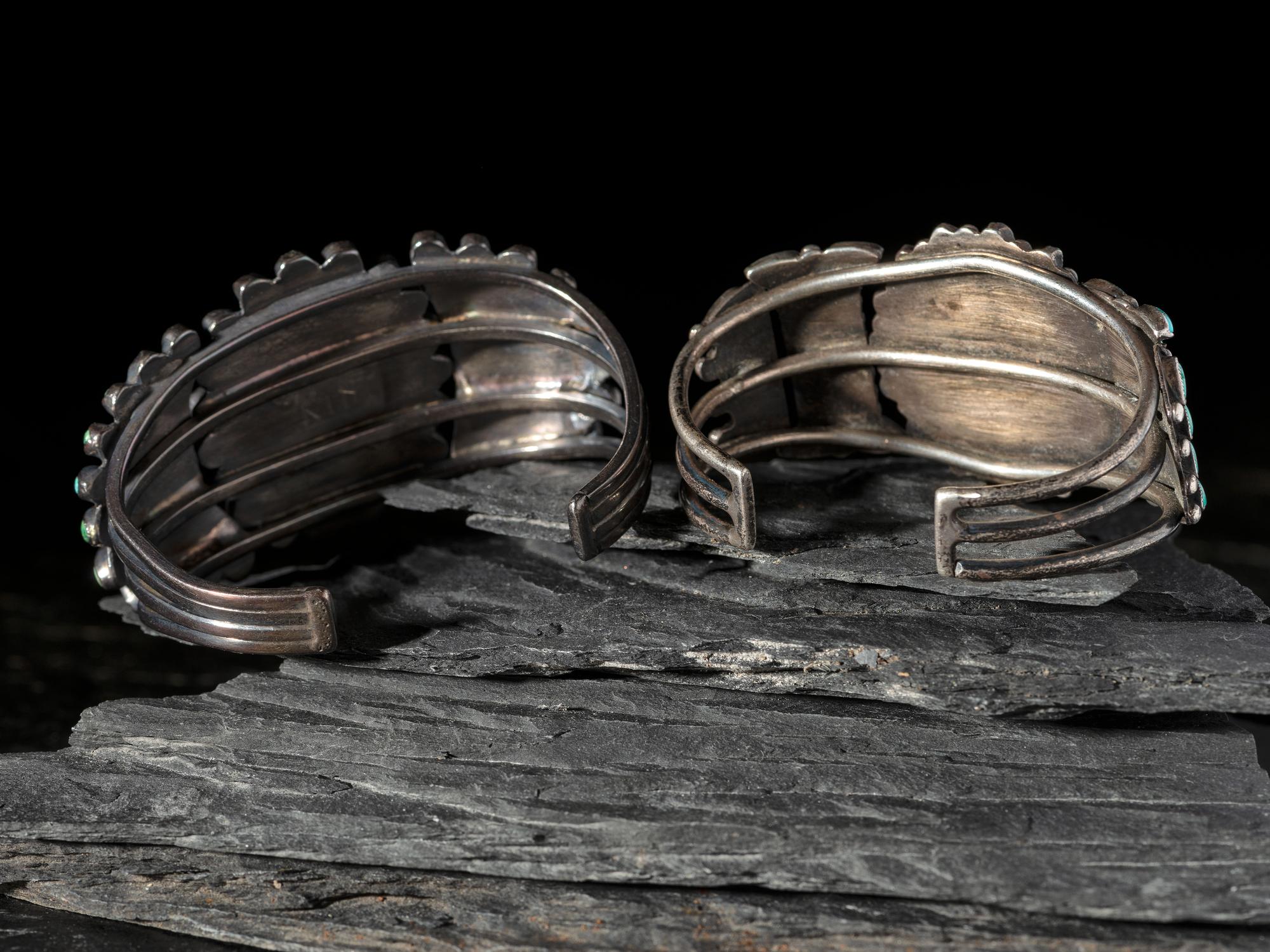 Pair of Navajo or Zuni Silver and Turquoise Cluster Cuff Bracelets