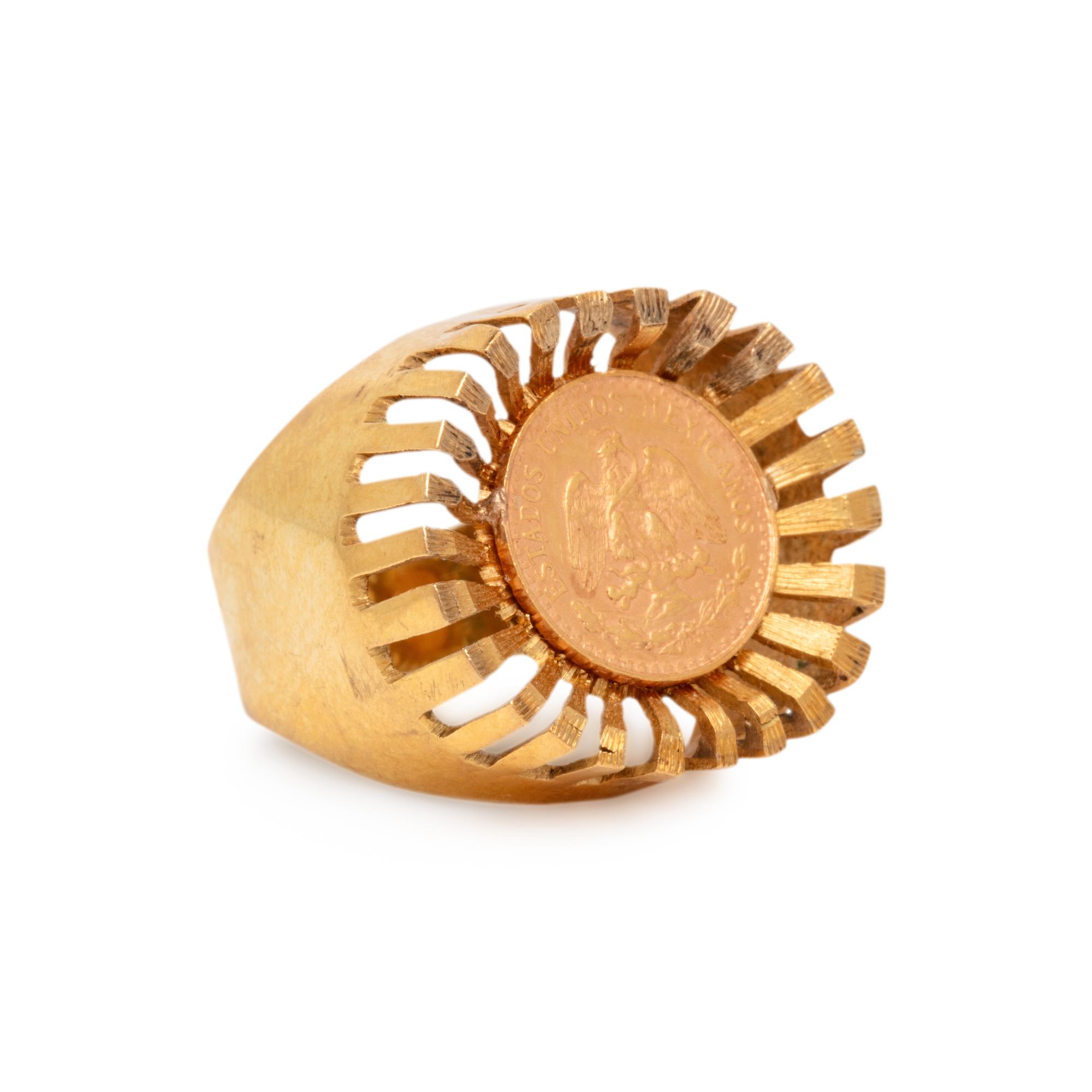 TWO YELLOW GOLD AND MEXICAN PESO COIN RINGS