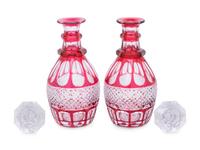 A Pair of Bohemian Red Cut-to-Clear Glass Decanters