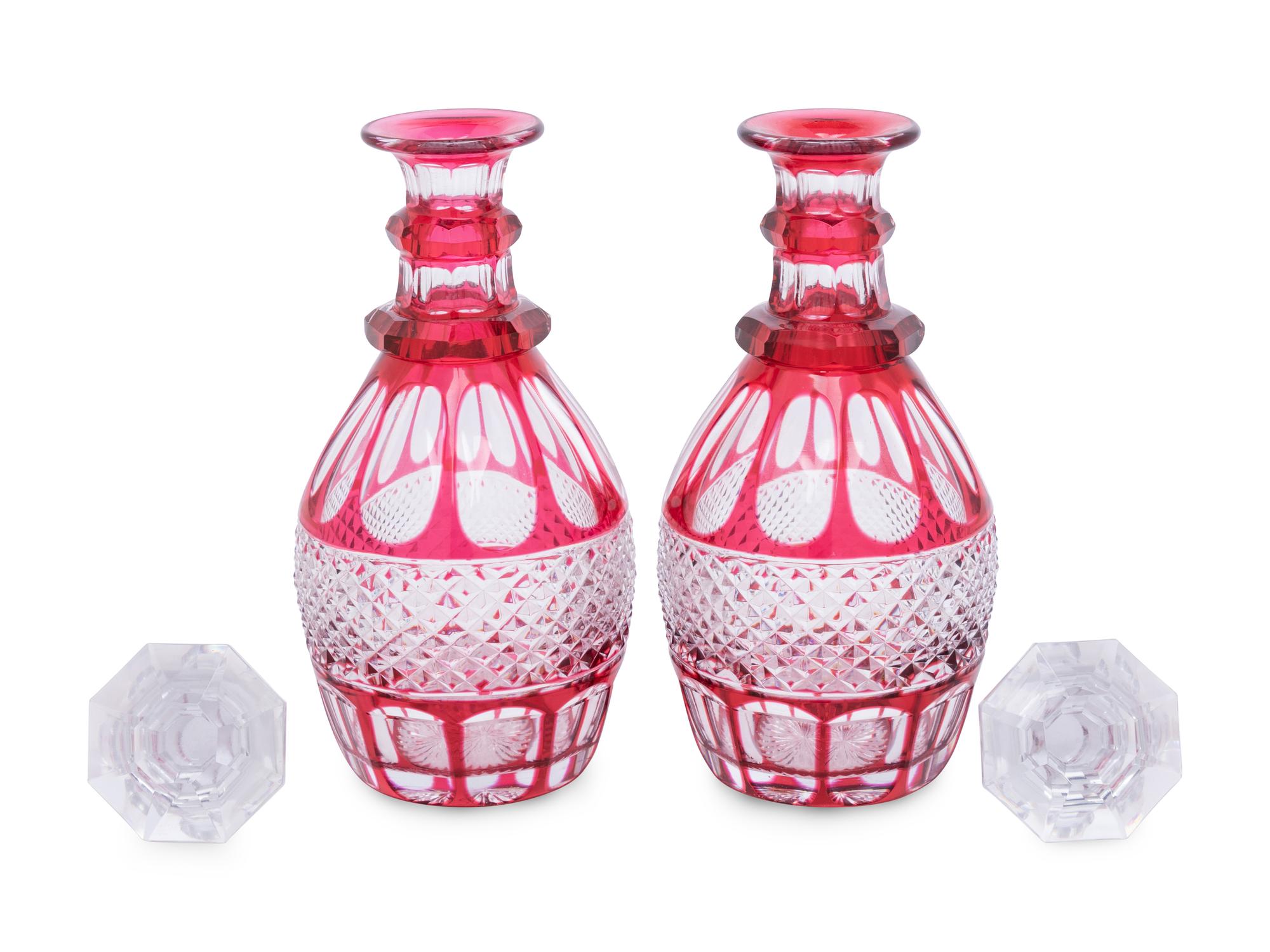 A Pair of Bohemian Red Cut-to-Clear Glass Decanters