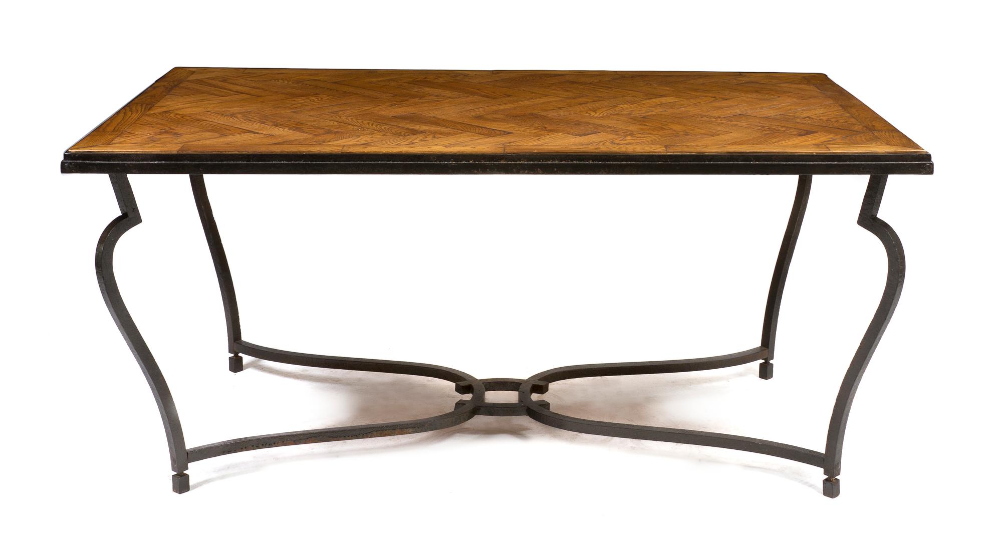 A French Parquetry and Steel Dining Table, Height 28 7/8 x width 63 x depth 39 1/2 inches.