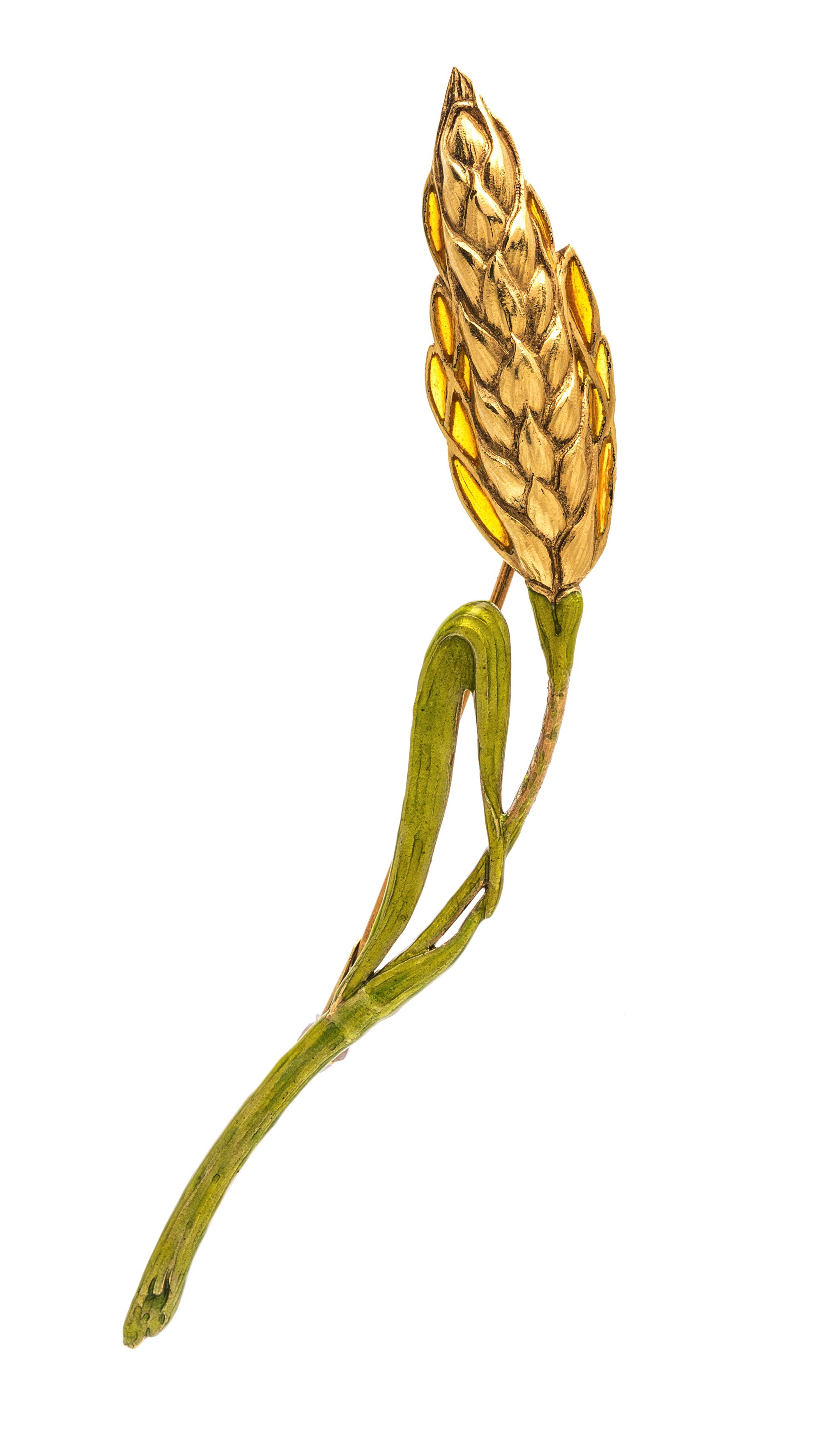 A Yellow Gold, Enamel and Plique-a-Jour and Enamel Wheat Motif Brooch, 13.50 dwts.