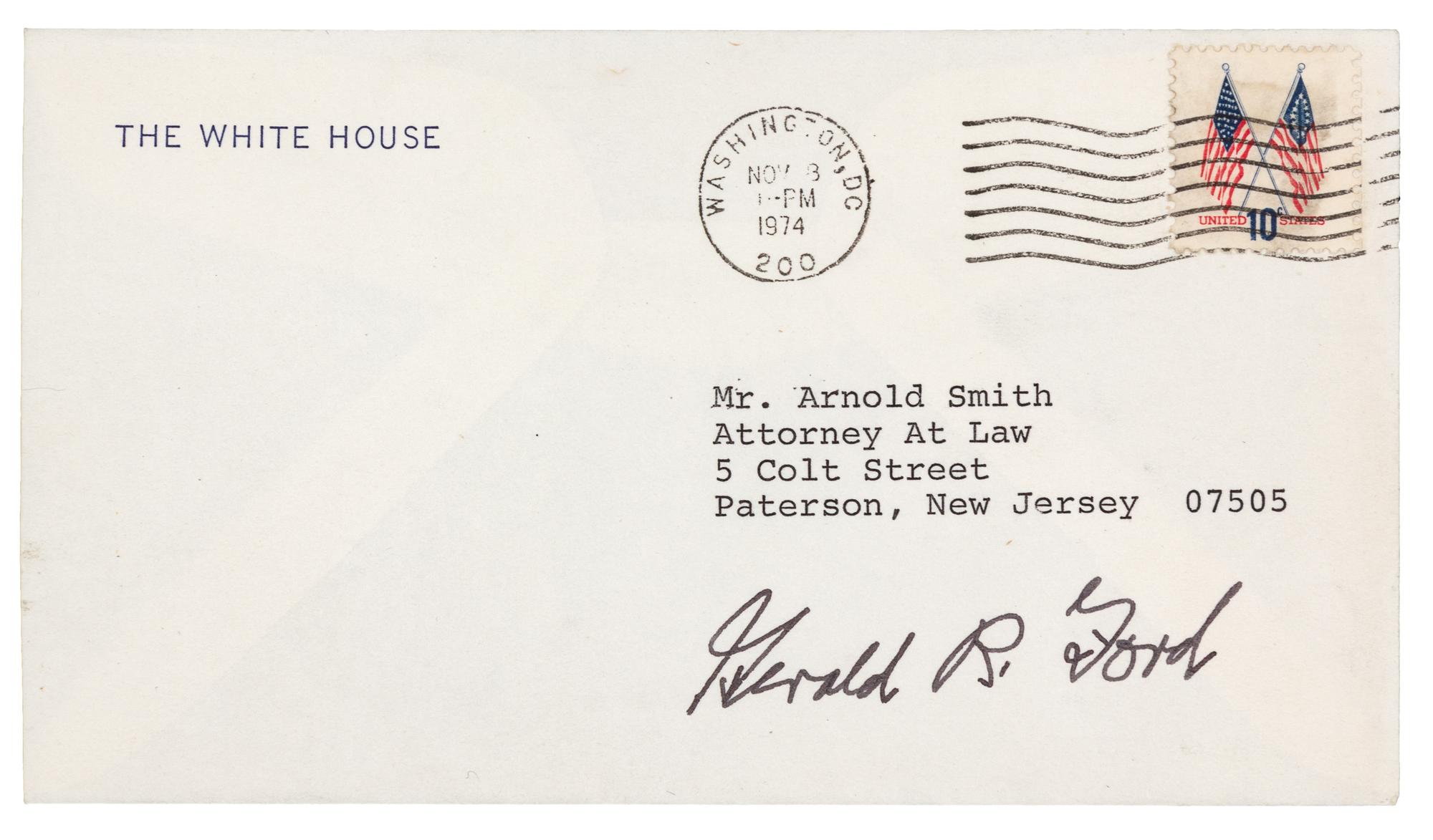 FORD, Gerald Rudolph (1913-2006), President. Signature ("Gerald R. Ford"), as President. To Mr. Arnold Smith, Paterson, NJ, postmarked Washington D. C., 8 November 1974.