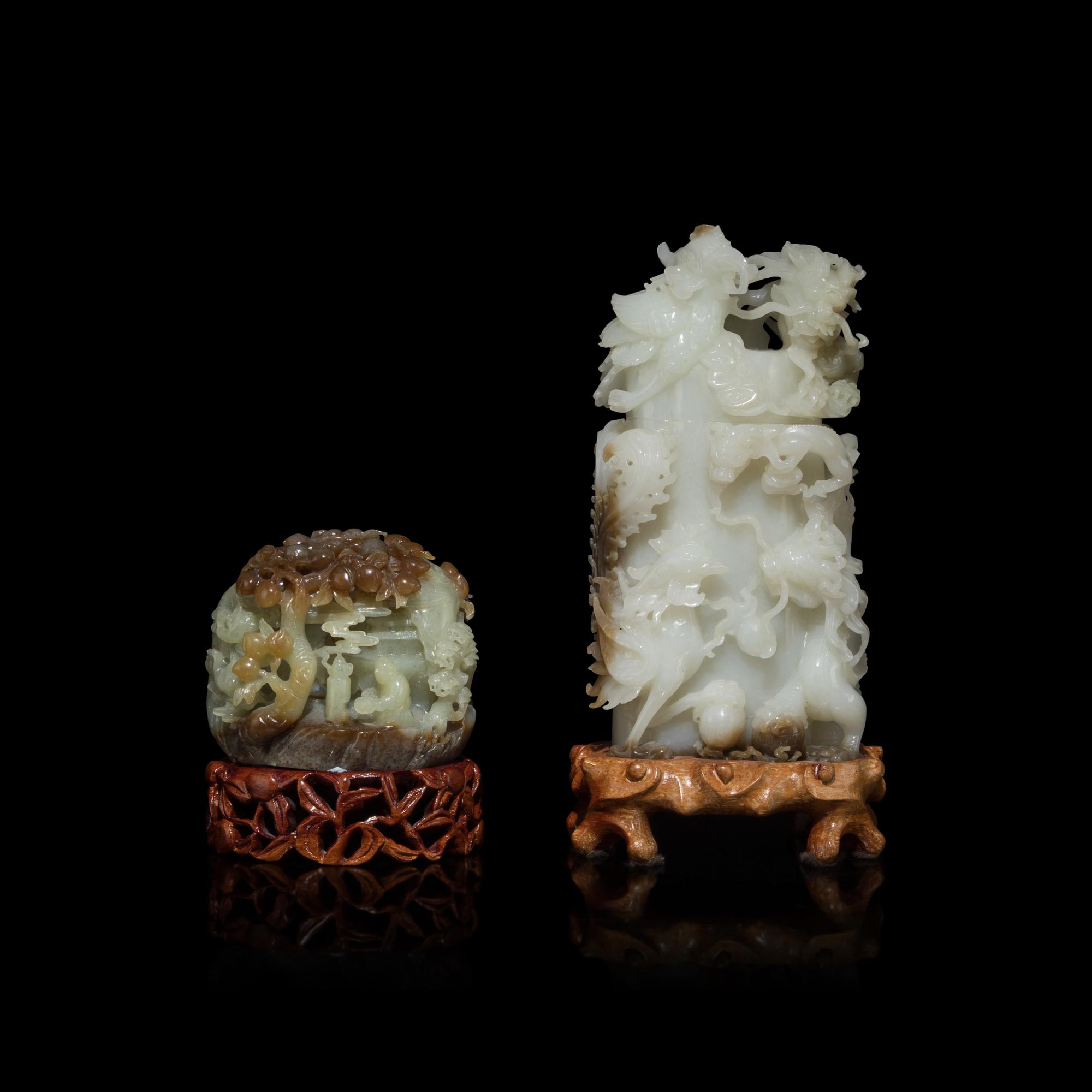 Two Chinese Pale Celadon and Russet Jade Carvings, 20th Century 近代 青白玉擺件兩種