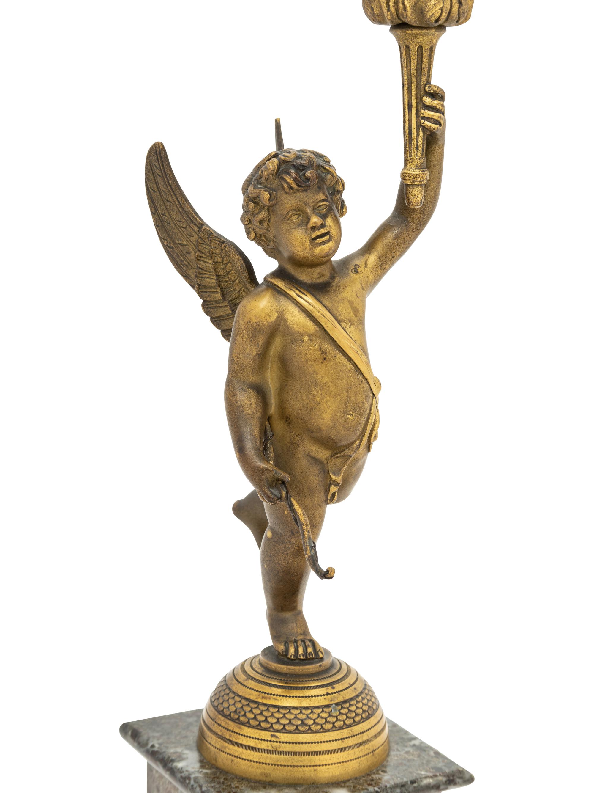 A Pair of Empire Style Gilt Bronze and Marble Four-Light Candelabra