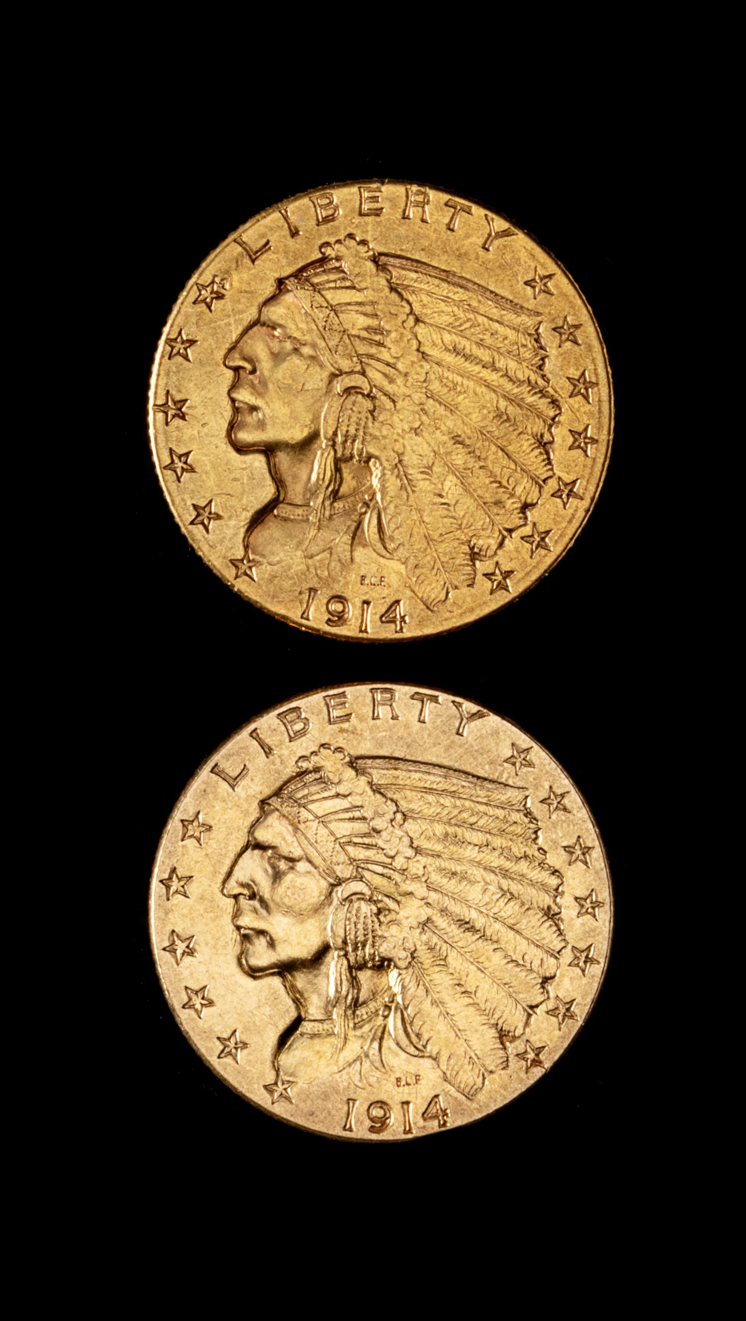 Two United States Indian Head $2.50 Gold Coins