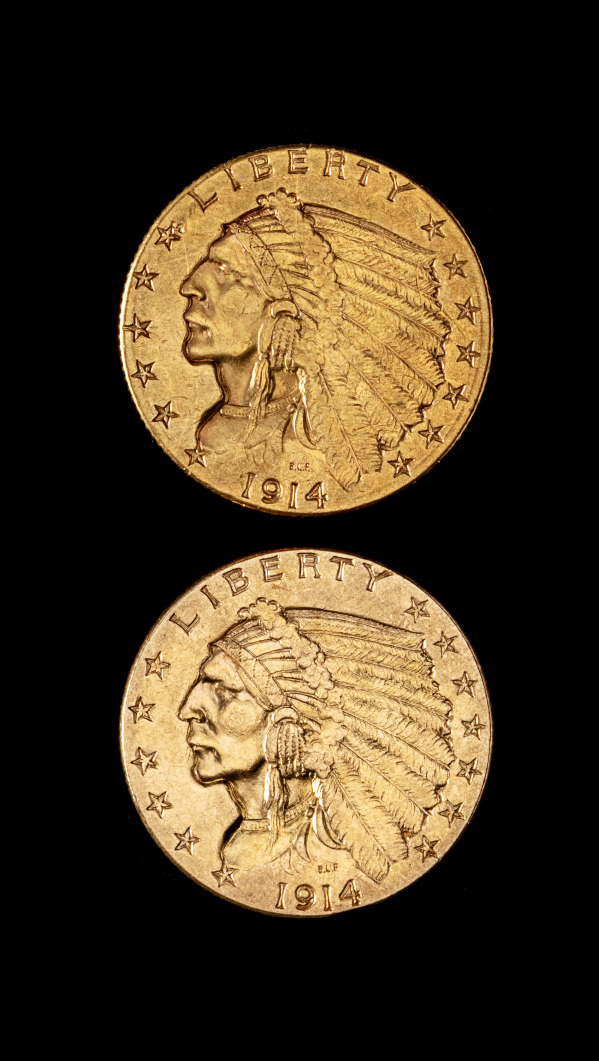 Two United States Indian Head $2.50 Gold Coins