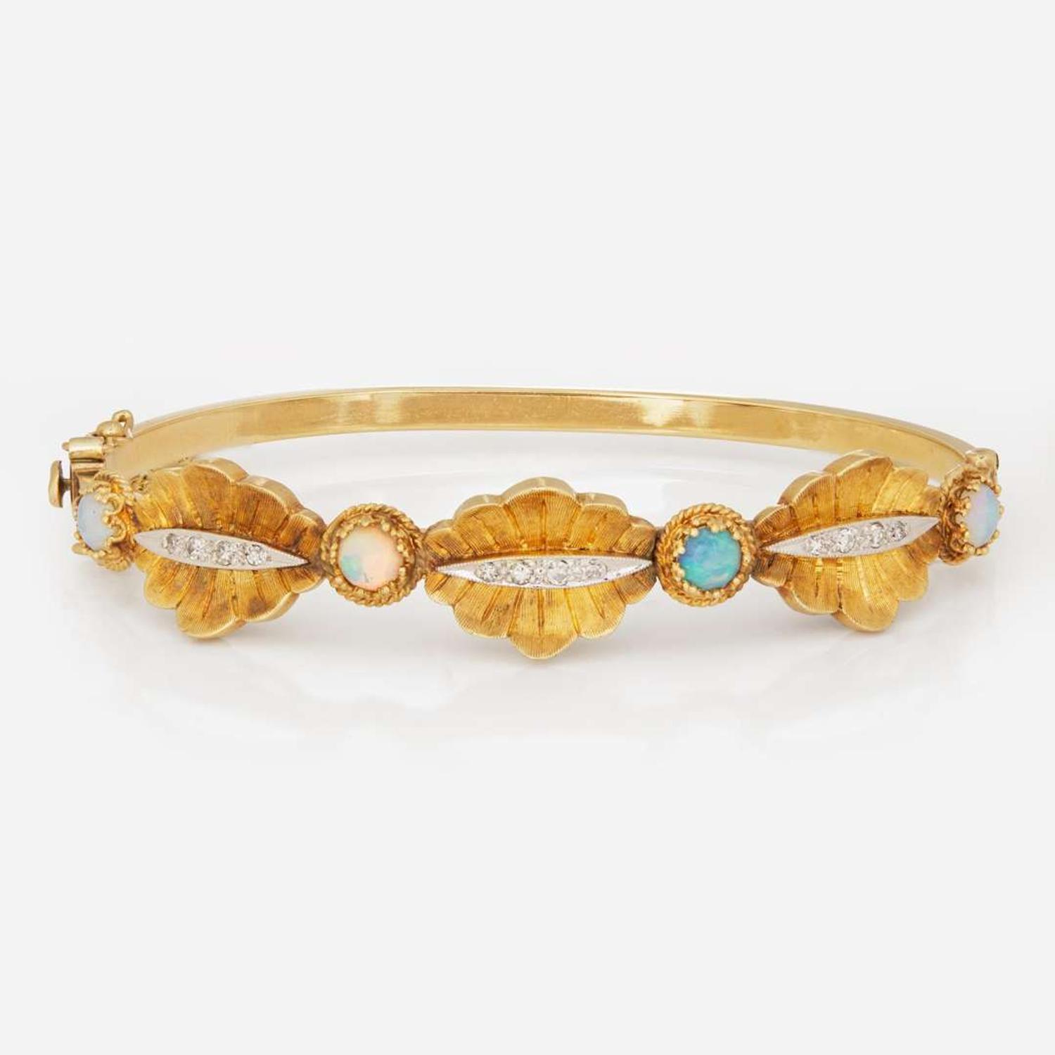 A 14K Yellow Gold, Opal, and Diamond Bracelet