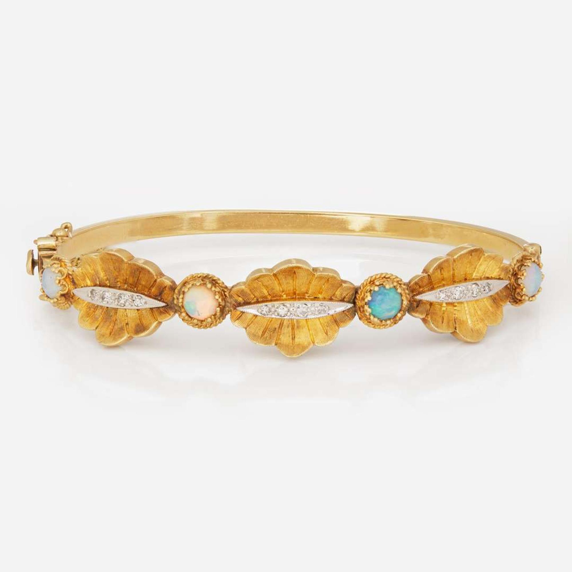 A 14K Yellow Gold, Opal, and Diamond Bracelet
