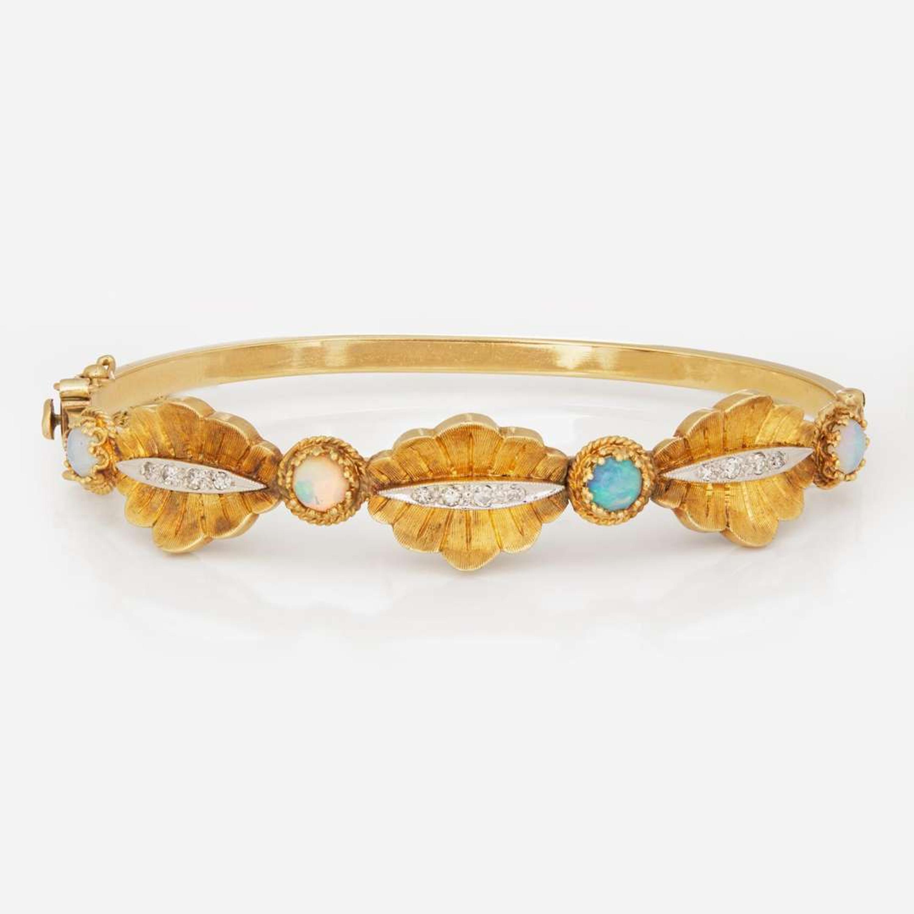 A 14K Yellow Gold, Opal, and Diamond Bracelet