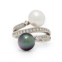 Cultured Pearl, Diamond, and White Gold Bypass Ring