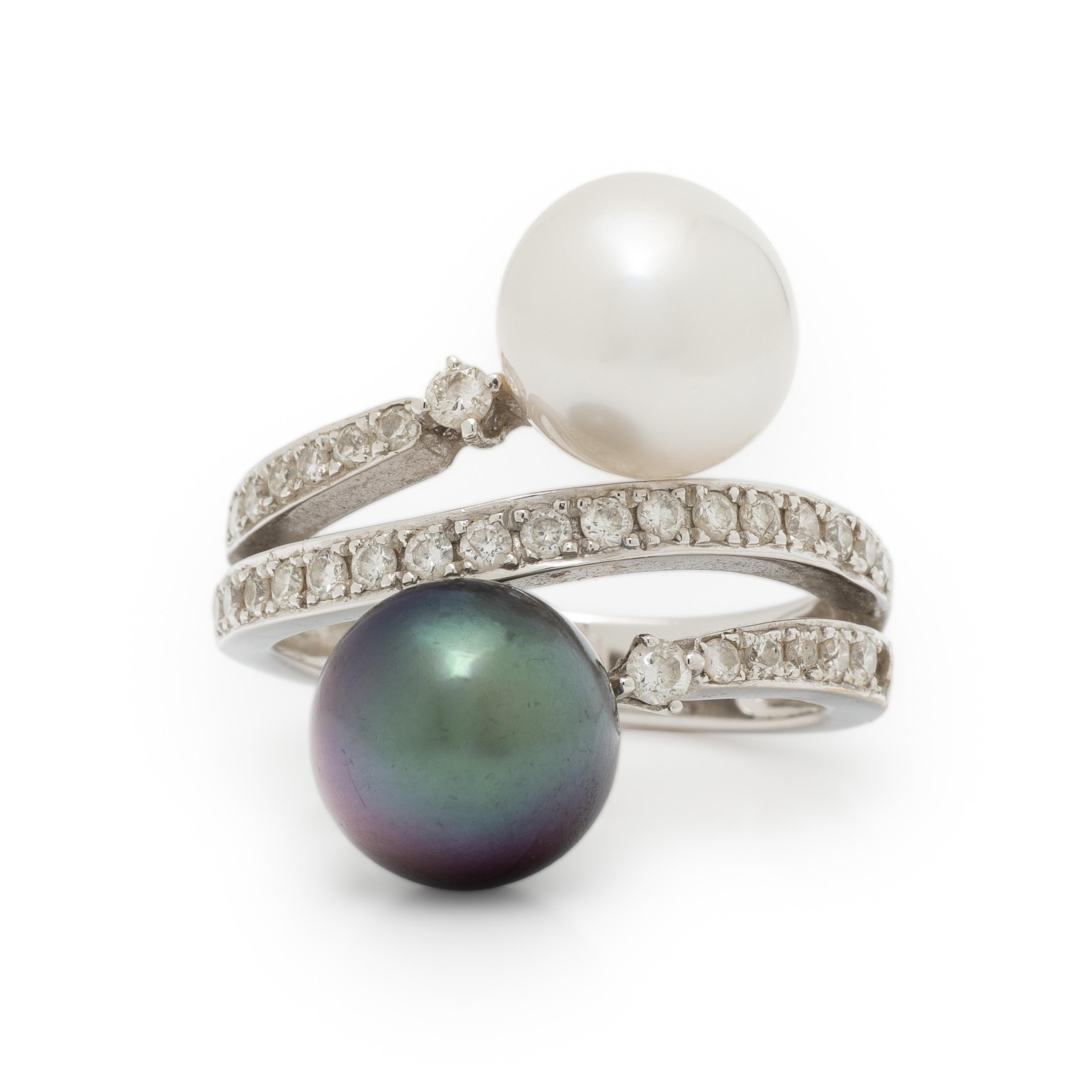 Cultured Pearl, Diamond, and White Gold Bypass Ring