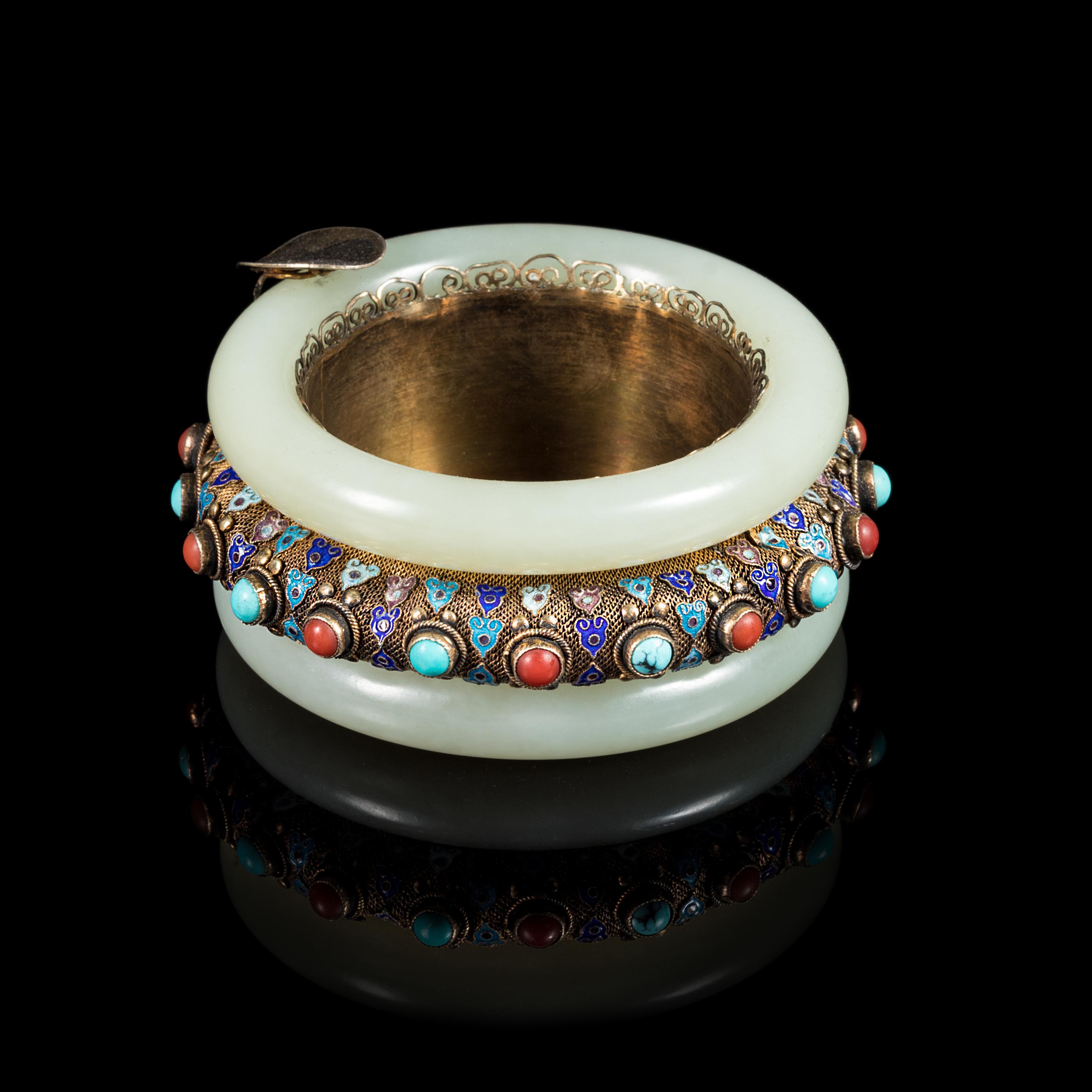A Celadon Jade Inset Enamel on Silver Jewelry Box Diameter 3 inches.