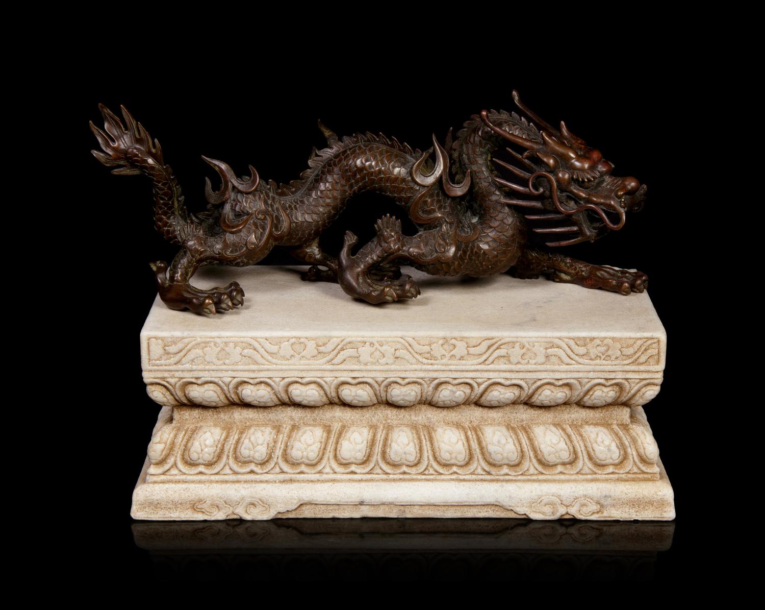 A Large Chinese Bronze Dragon and Stone Base