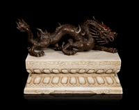 A Large Chinese Bronze Dragon and Stone Base