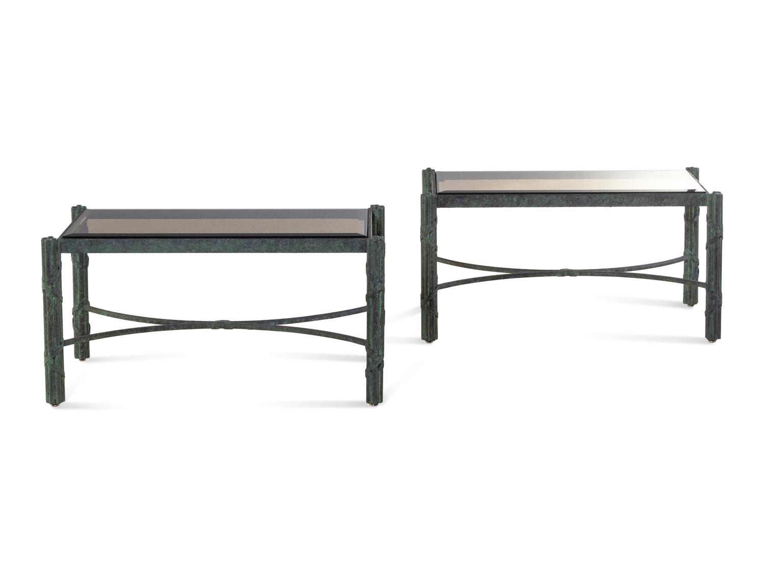 A Pair of Modern Patinated Bronze Smoky Glass-Top Low Tables
