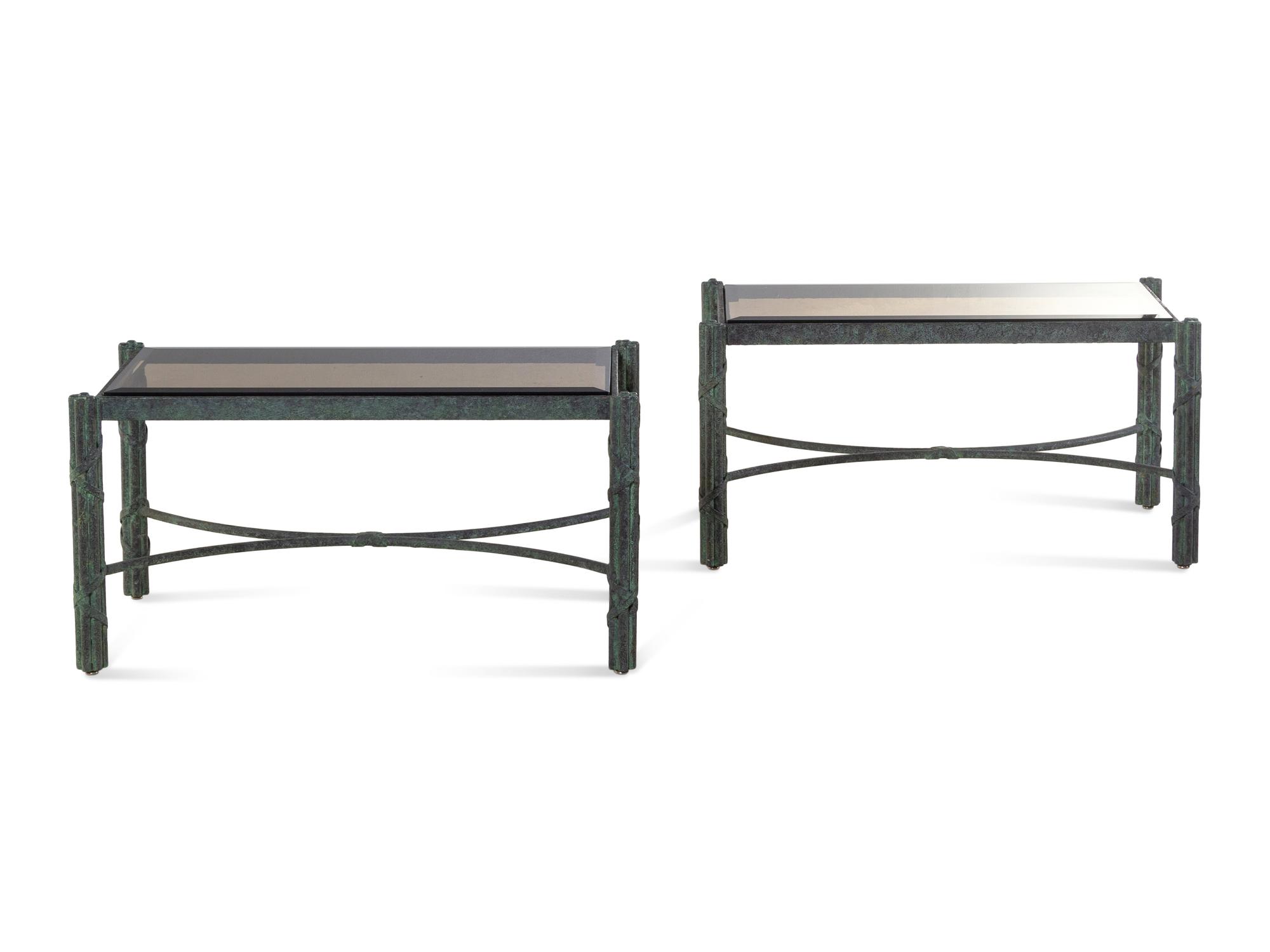 A Pair of Modern Patinated Bronze Smoky Glass-Top Low Tables