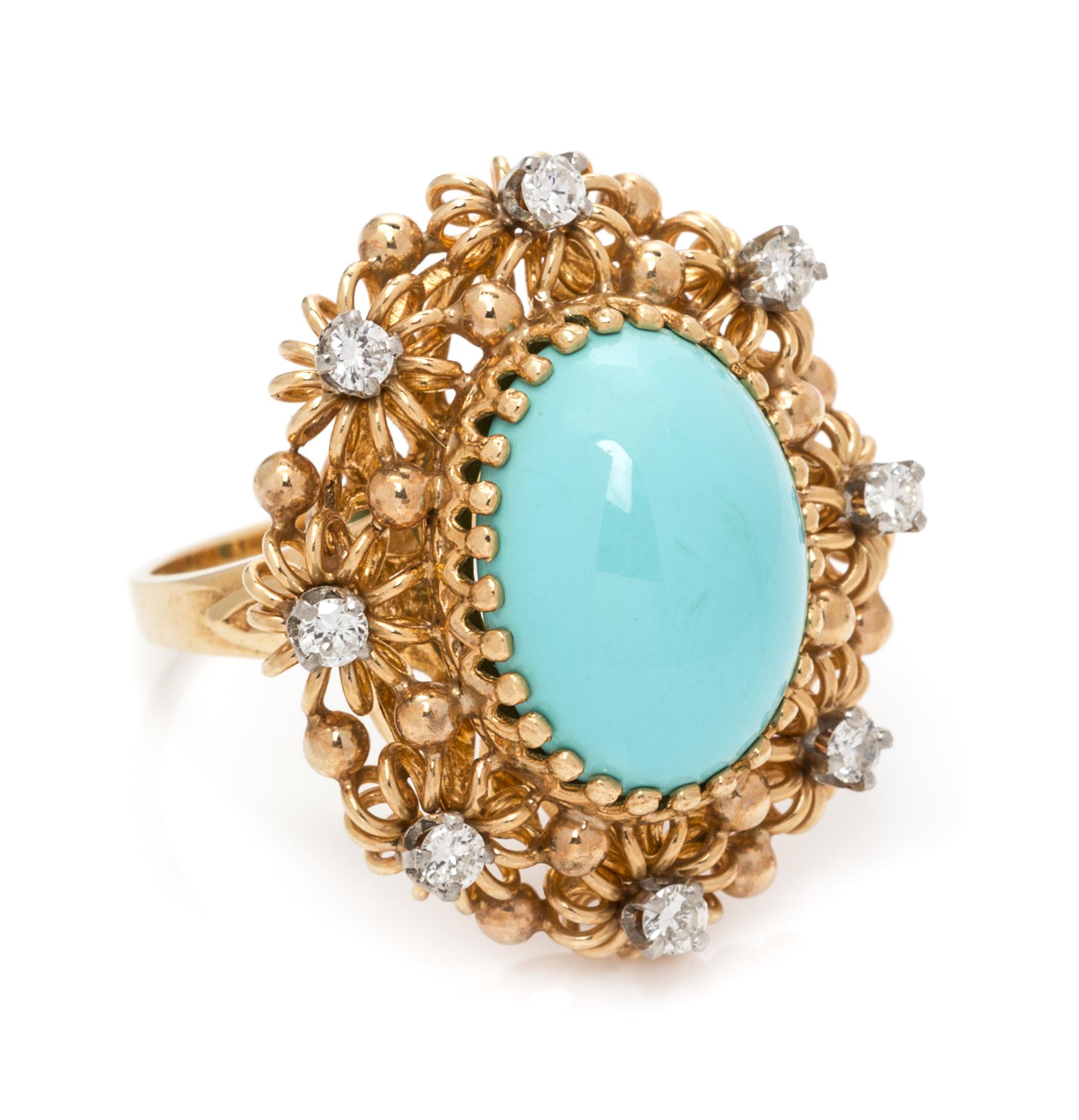 A Yellow Gold, Turquoise and Diamond Ring, 7.10 dwts.