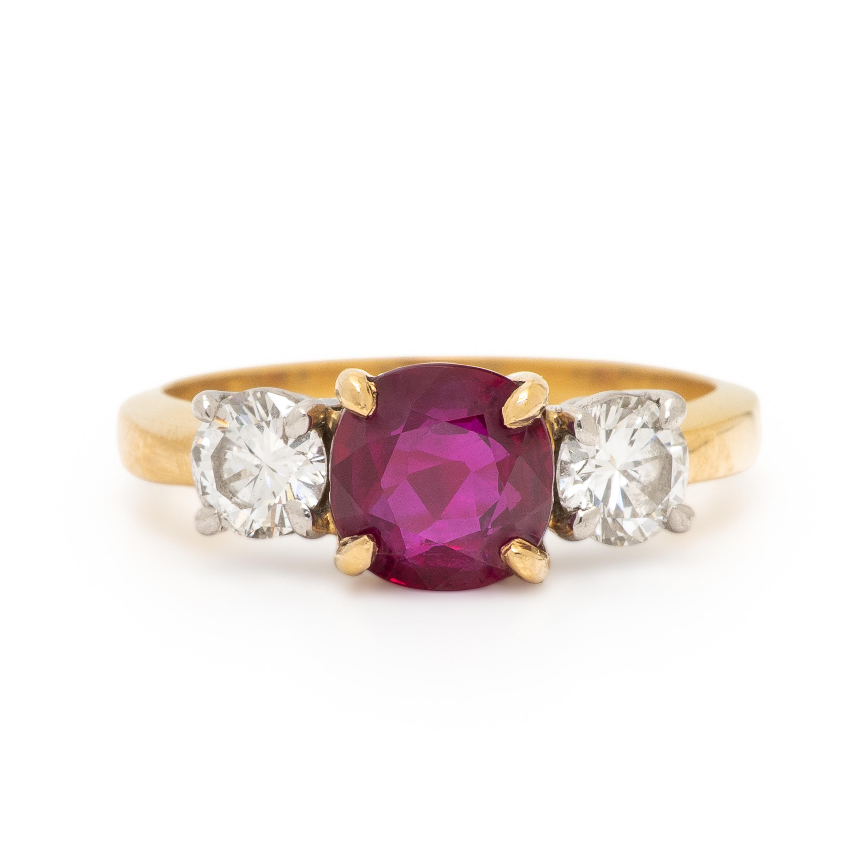 Burmese Ruby, Diamond, and Yellow Gold Ring