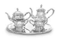 A Continental Five-Piece Silver Tea and Coffee Service, Maker's Mark E.C., comprising a teapot, coffee pot, creamer, covered sugar and