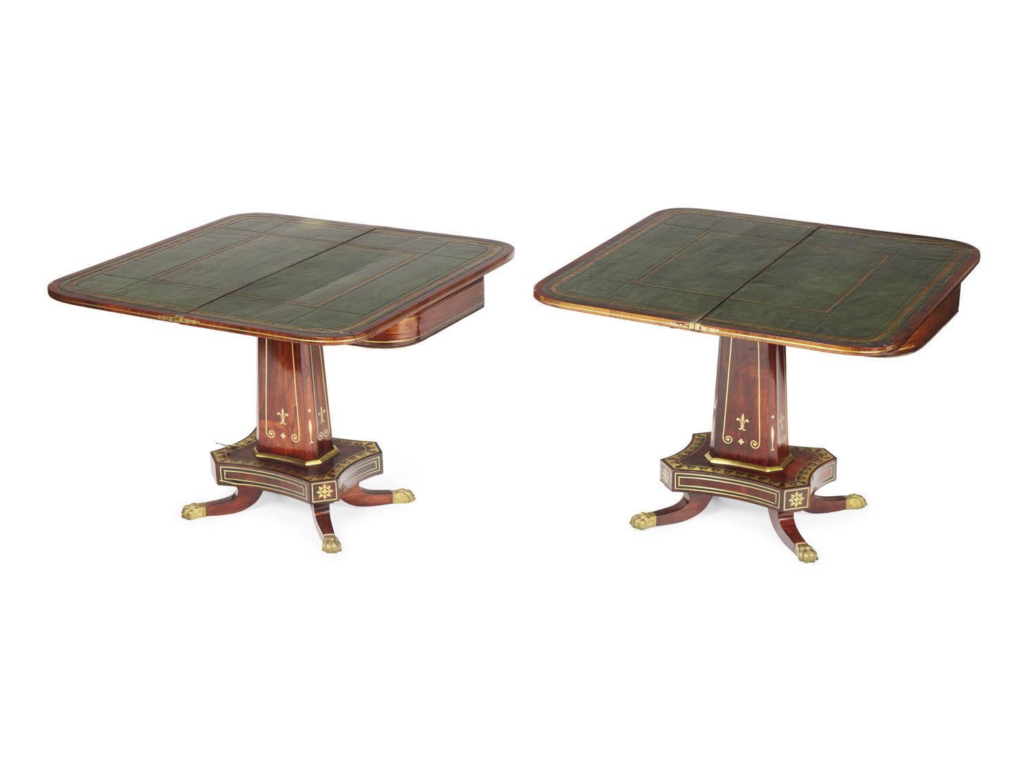 A Pair of Regency Brass-Inlaid Rosewood Flip-Top Game Tables