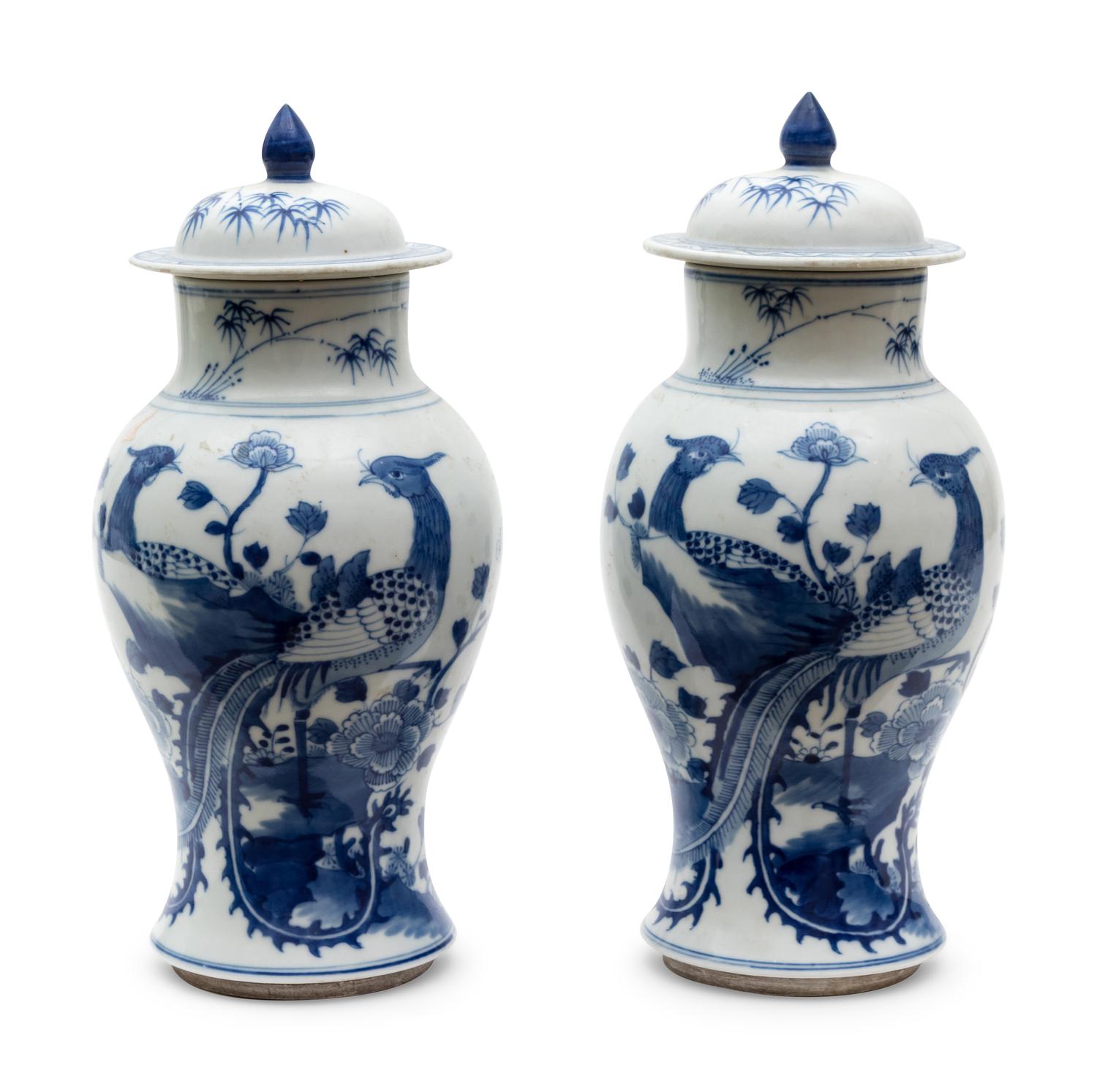 A Pair of Chinese Blue and White Porcelain Lidded Jars — 19TH CENTURY