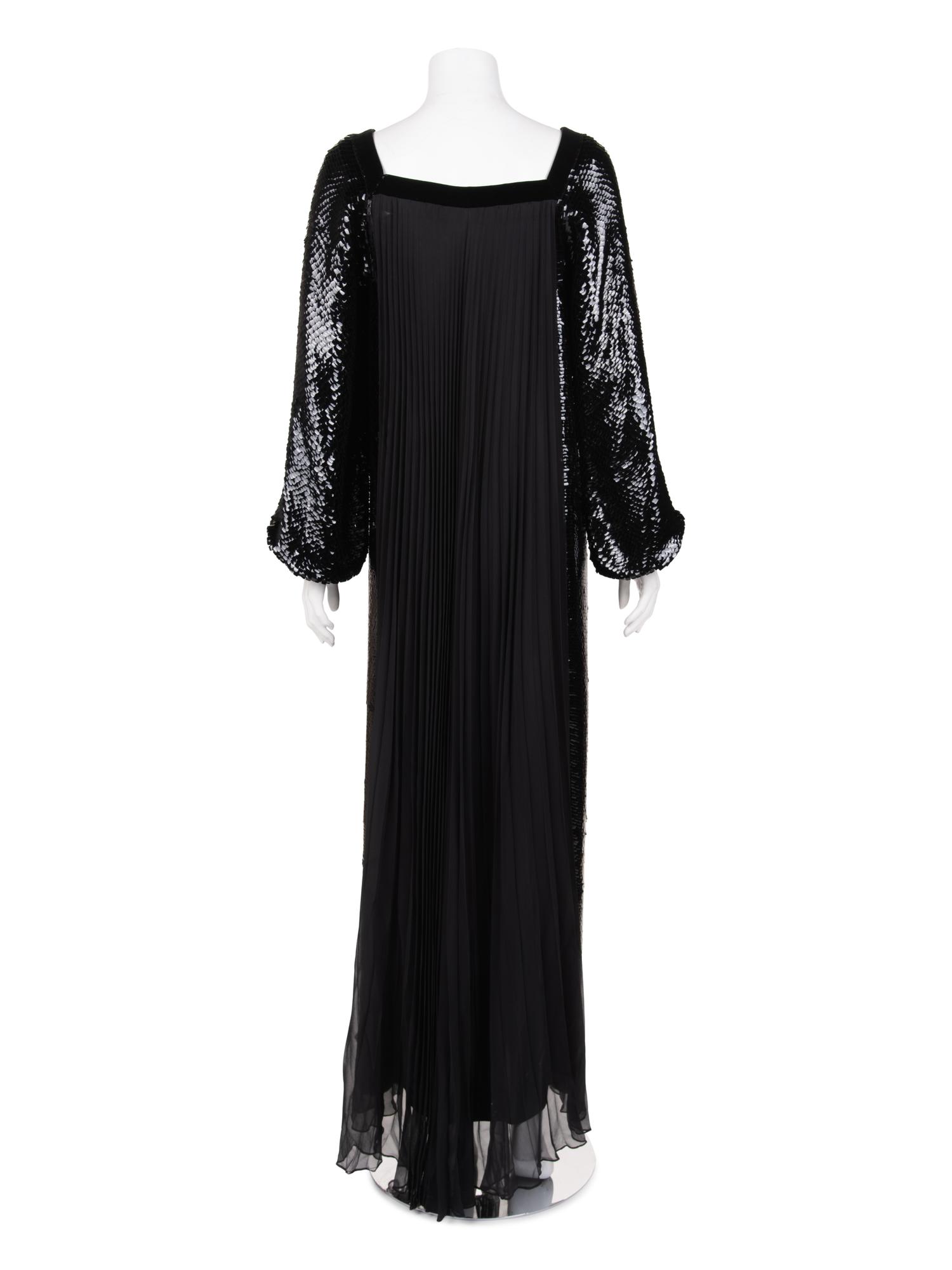 Givenchy Haute Couture Pleated Silk Gown with Sequin Sleeves and Side Panels, c. 1977