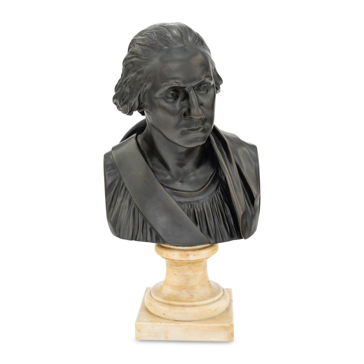 After Jean-Antoine Houdon Bust of George Washington , 19th/20th century bronze with dark brown patina