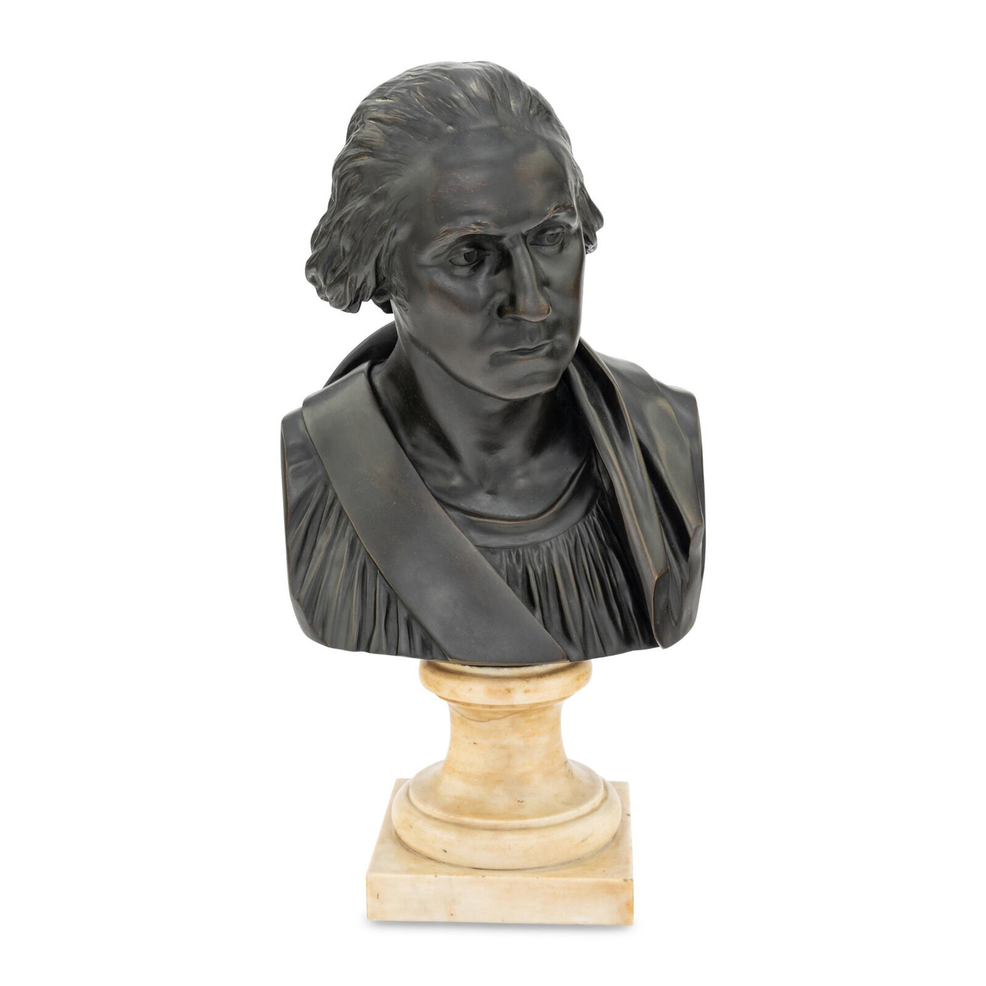 After Jean-Antoine Houdon Bust of George Washington , 19th/20th century bronze with dark brown patina