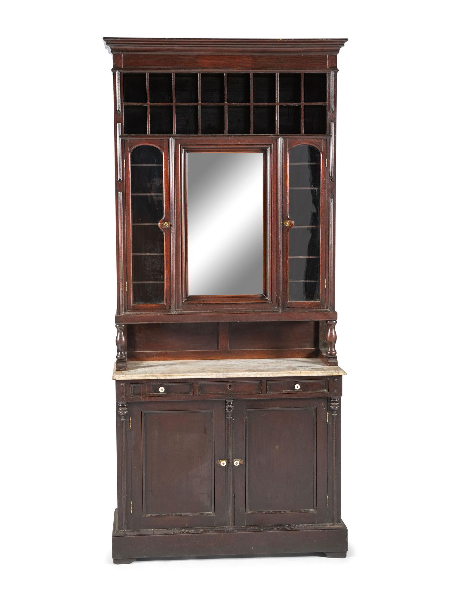 An Oak Stepback Marble Top Barbershop Cabinet