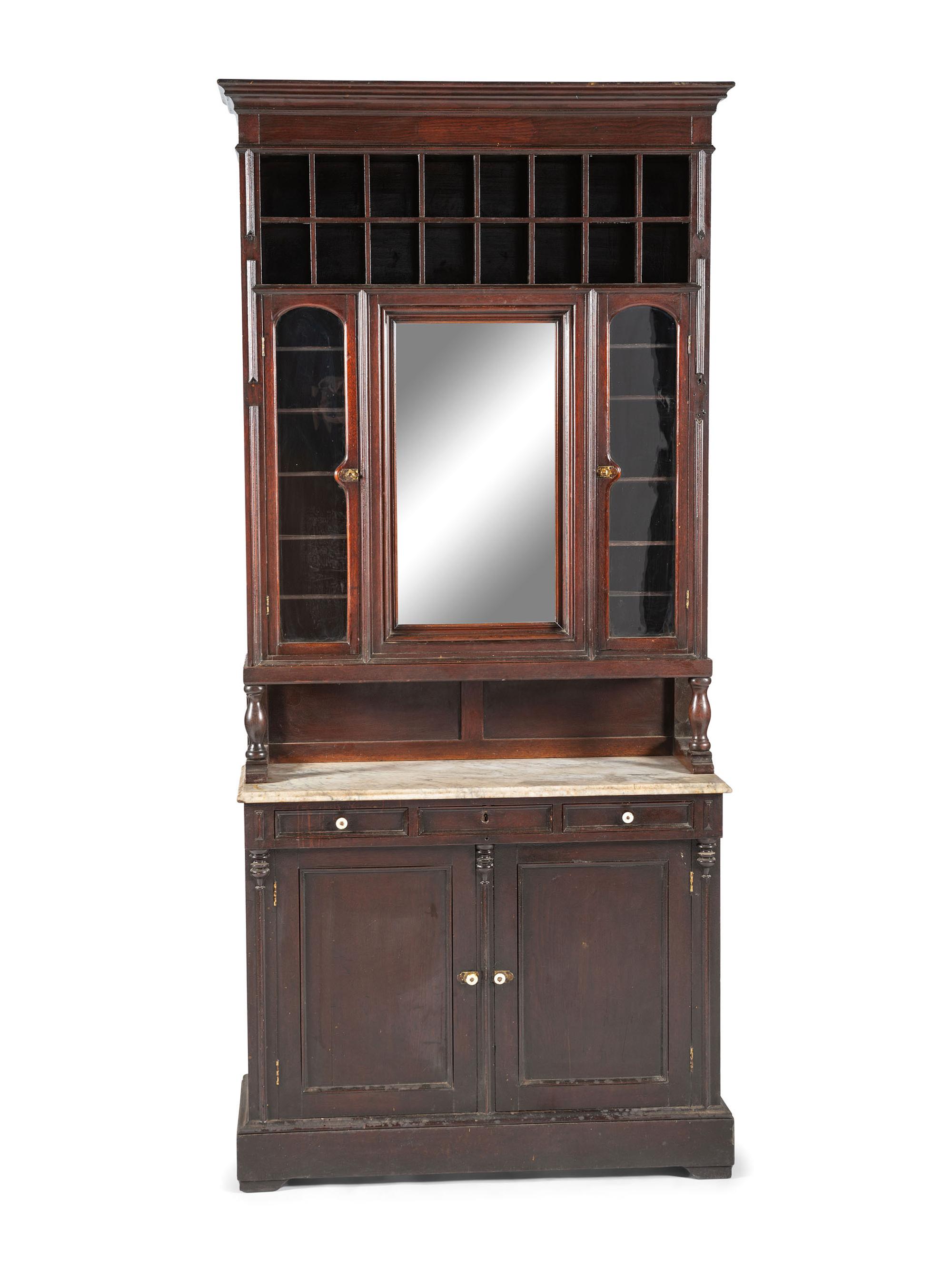 An Oak Stepback Marble Top Barbershop Cabinet