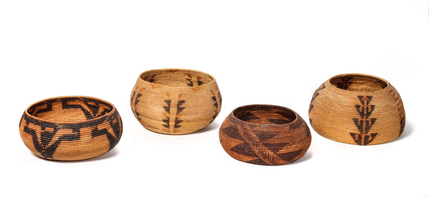 Four California Mission Baskets Height of largest 5 3/4 x diameter 9 inches