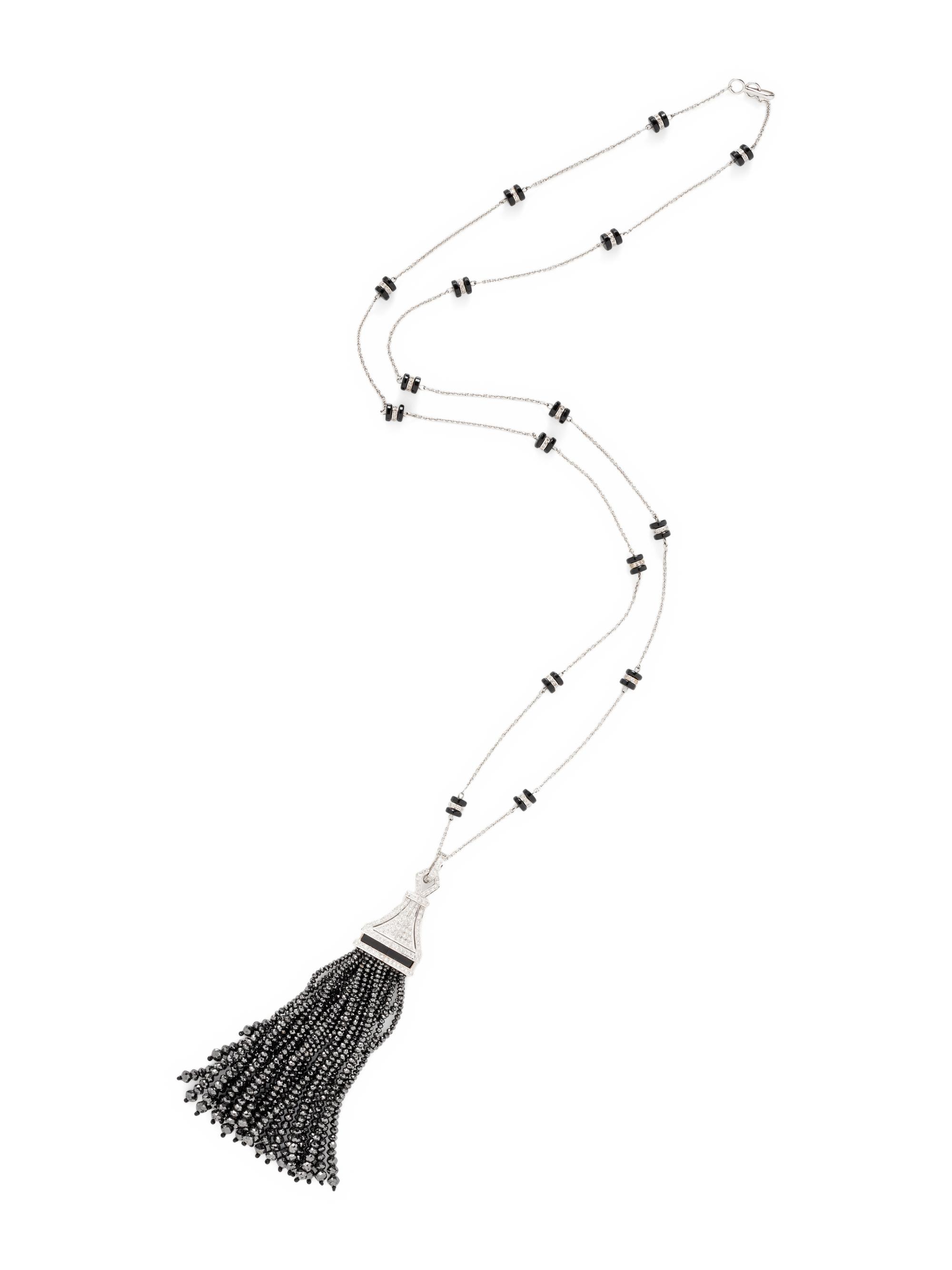 DIAMOND AND BLACK DIAMOND TASSEL NECKLACE