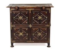 A Spanish Brass Mounted Chest, Height 39 3/8 x width 43 1/3 x depth 21 1/2 inches.