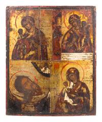 Three Russian Multiple Scene Parcel-Gilt Decorated Icons
