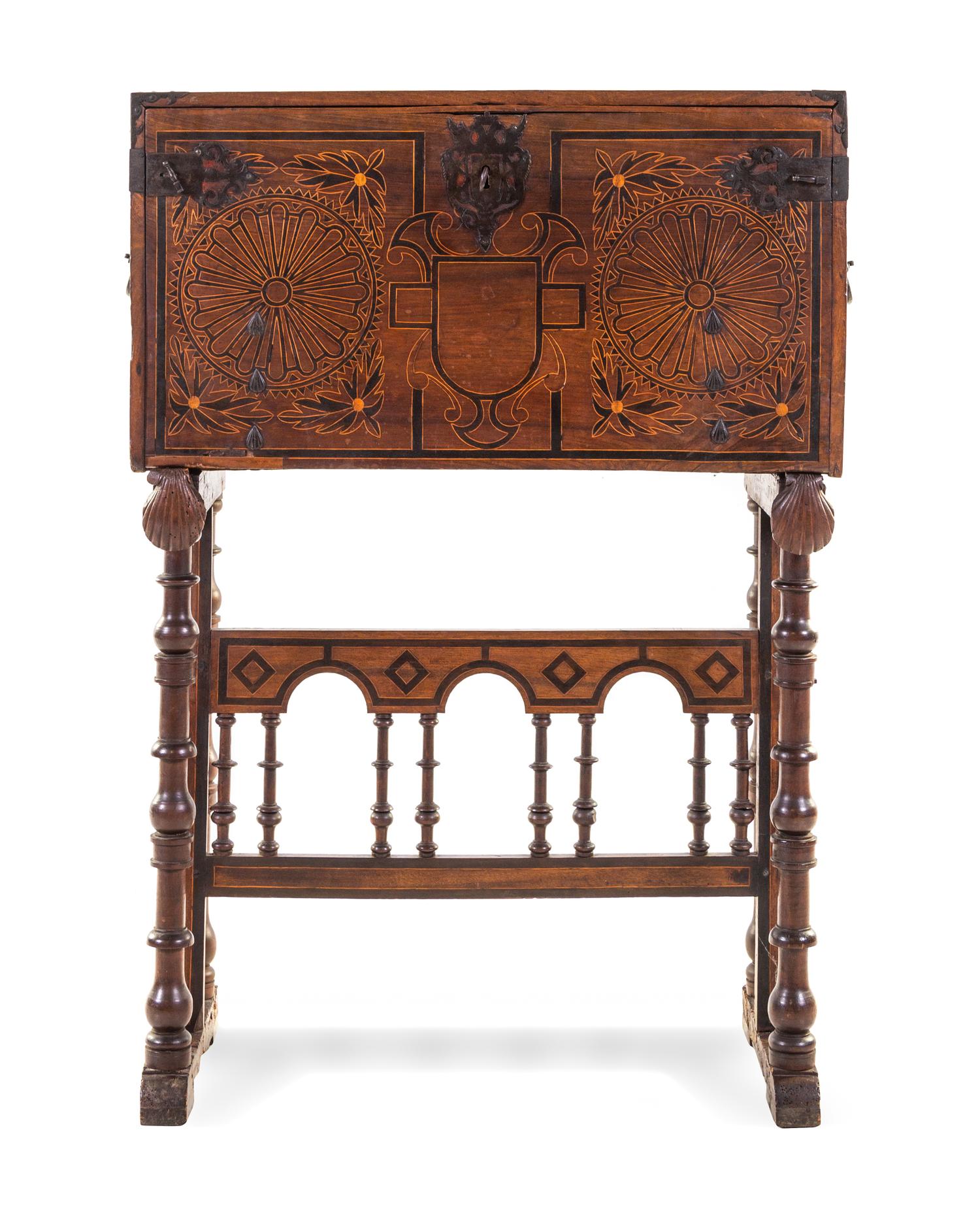 A Spanish Carved and Inlaid Walnut Vargueno