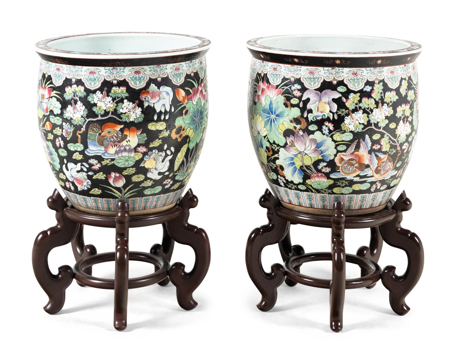 A Pair of Chinese Export Porcelain Jardinières with Wood Stands