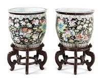 A Pair of Chinese Export Porcelain Jardinières with Wood Stands