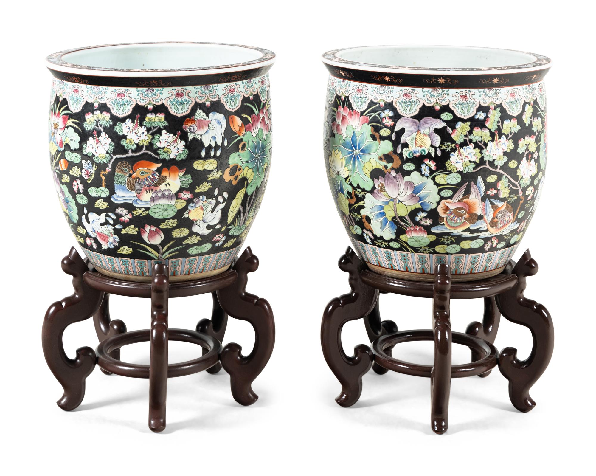 A Pair of Chinese Export Porcelain Jardinières with Wood Stands